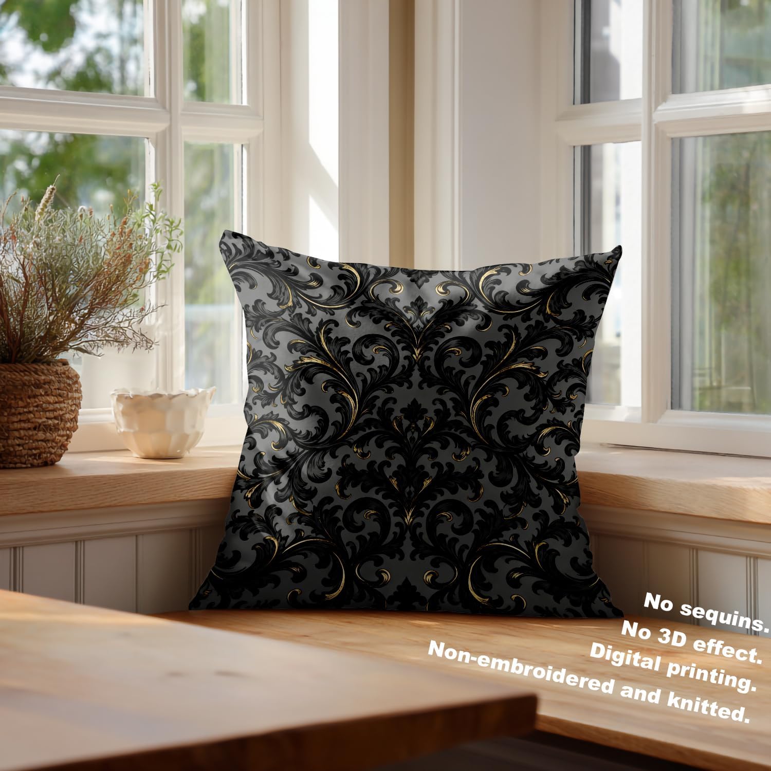 Batmerry Black Gothic Grey Dark Throw Pillow Covers, Flourish Damask Gray On Black Decorative Pillow Covers Digital Printing Blended Fabric for Couch Sofa Bed Invisible Zipper 20X20 in(Set of 2)