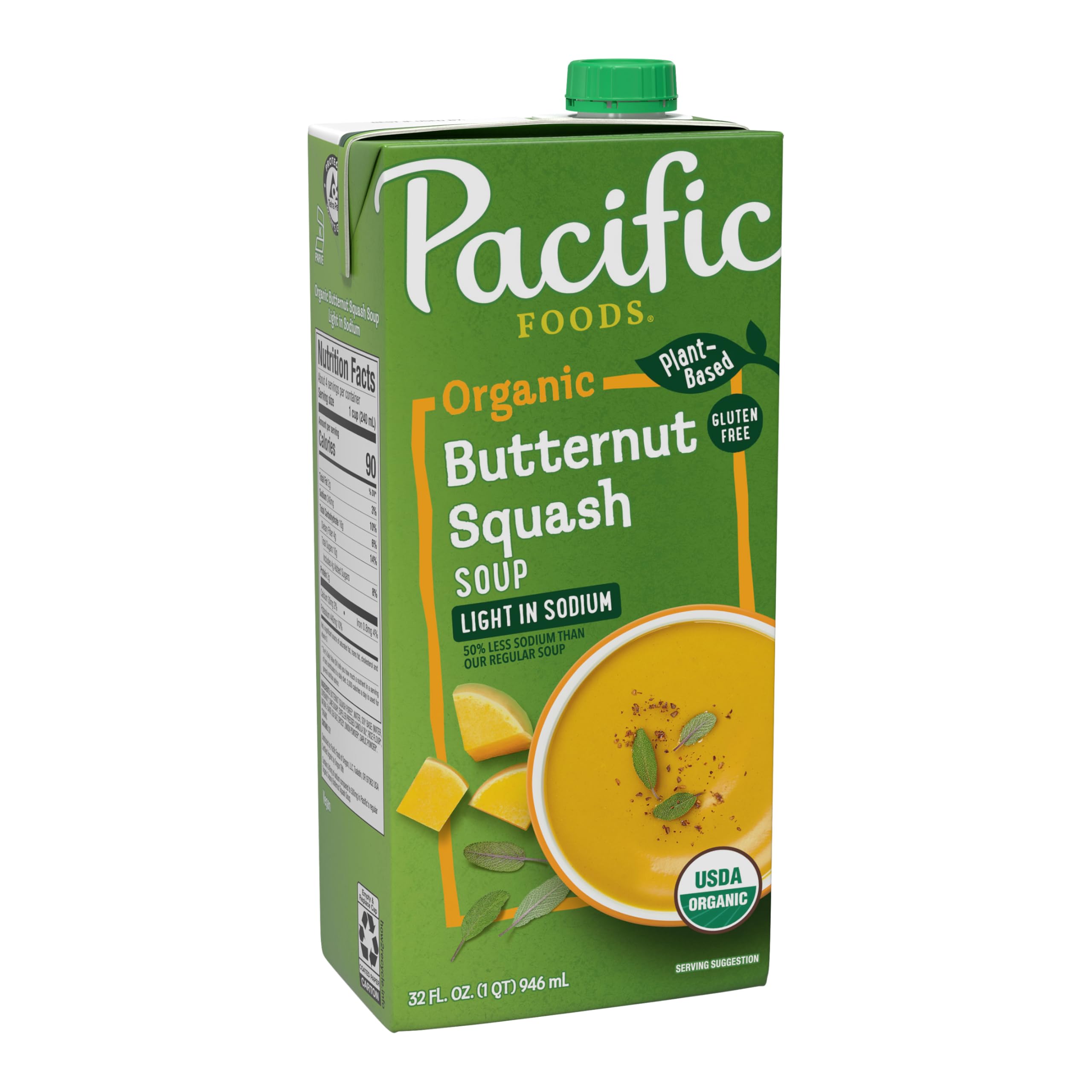Pacific Foods Organic Butternut Squash Soup, Plant Based Light Sodium Soup, 32 oz Carton