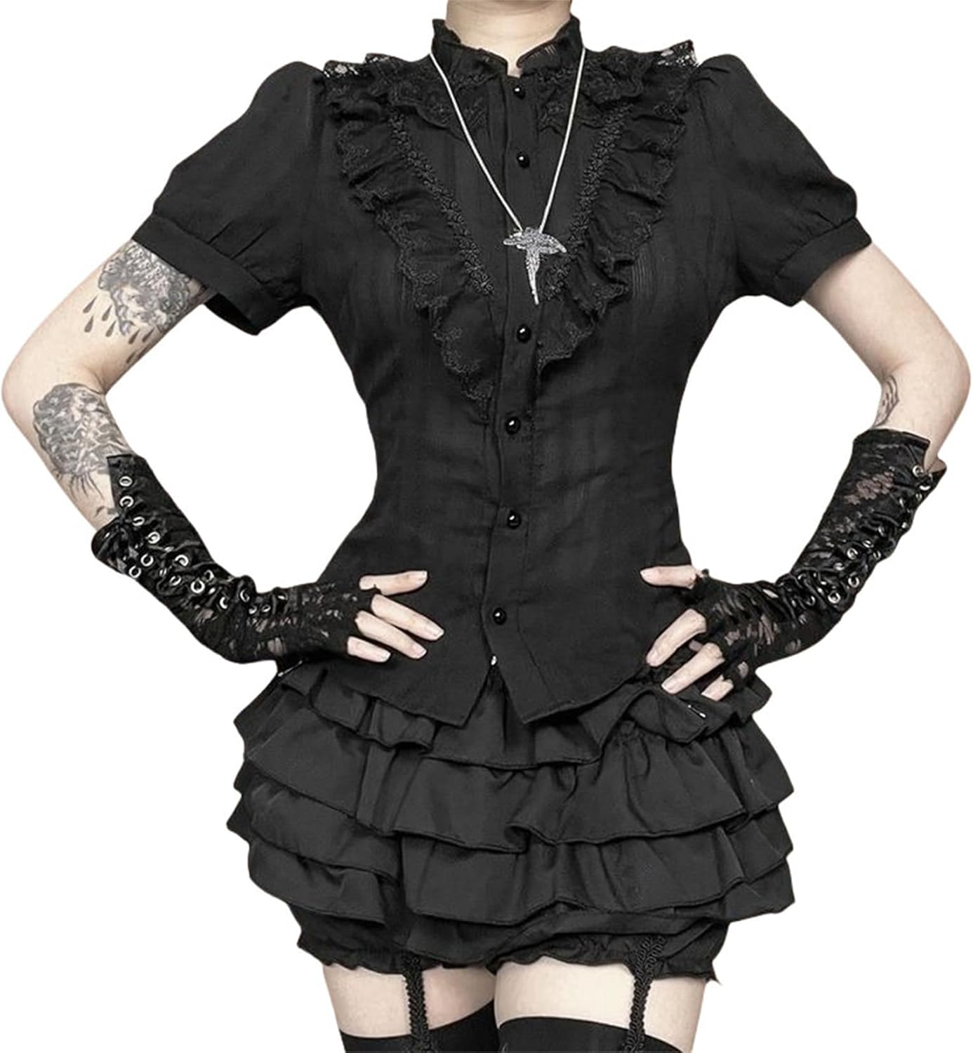 Gothic Top T Shirts Women Mock Neck Puff Short Sleeve Renaissance Emo Fairy