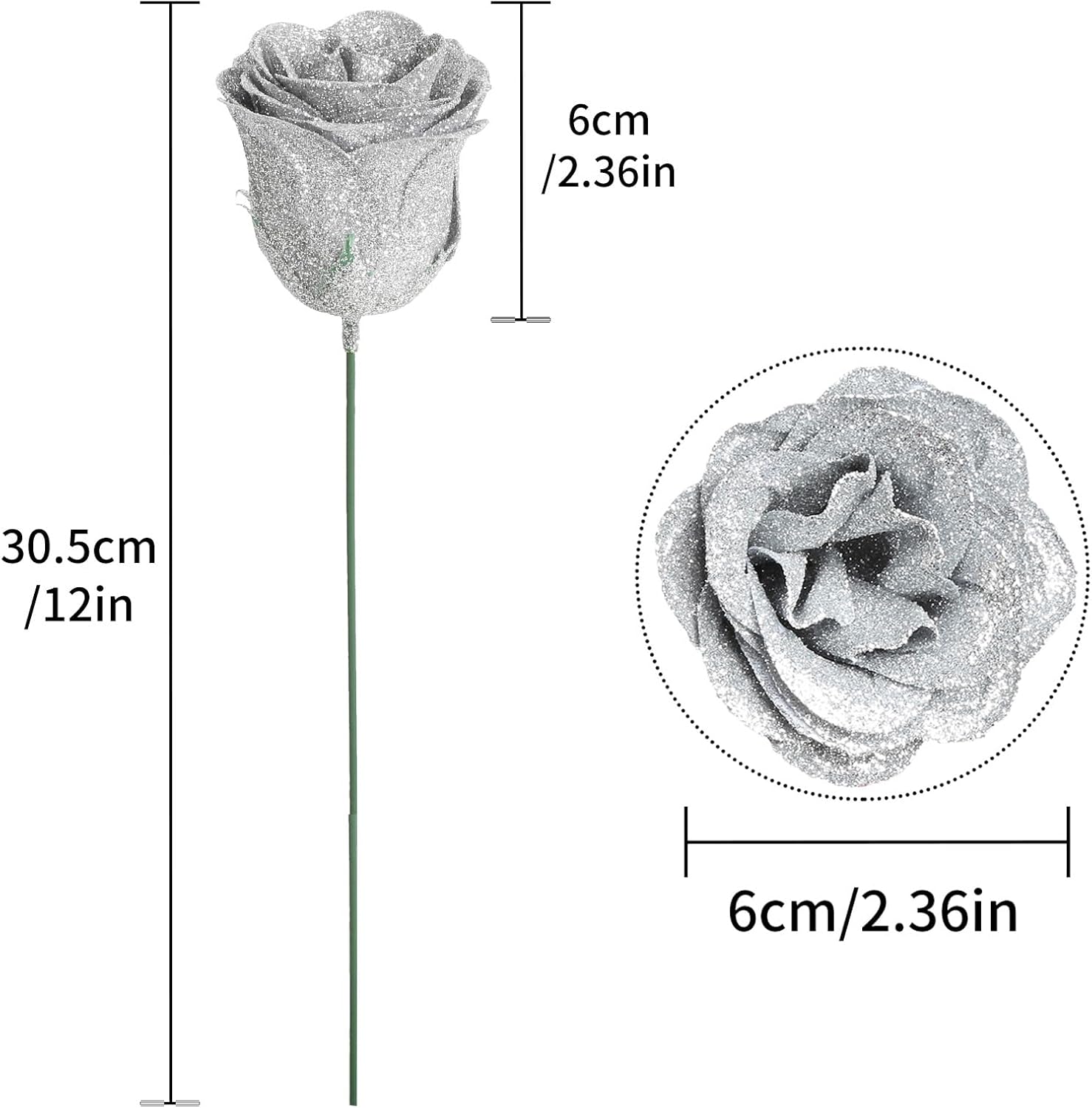 Glitter Roses Bouquet,30PCS Silver Roses Fake Roses Artificial Flowers for Wedding Bouquet Party Christmas Home Decor(Silver)