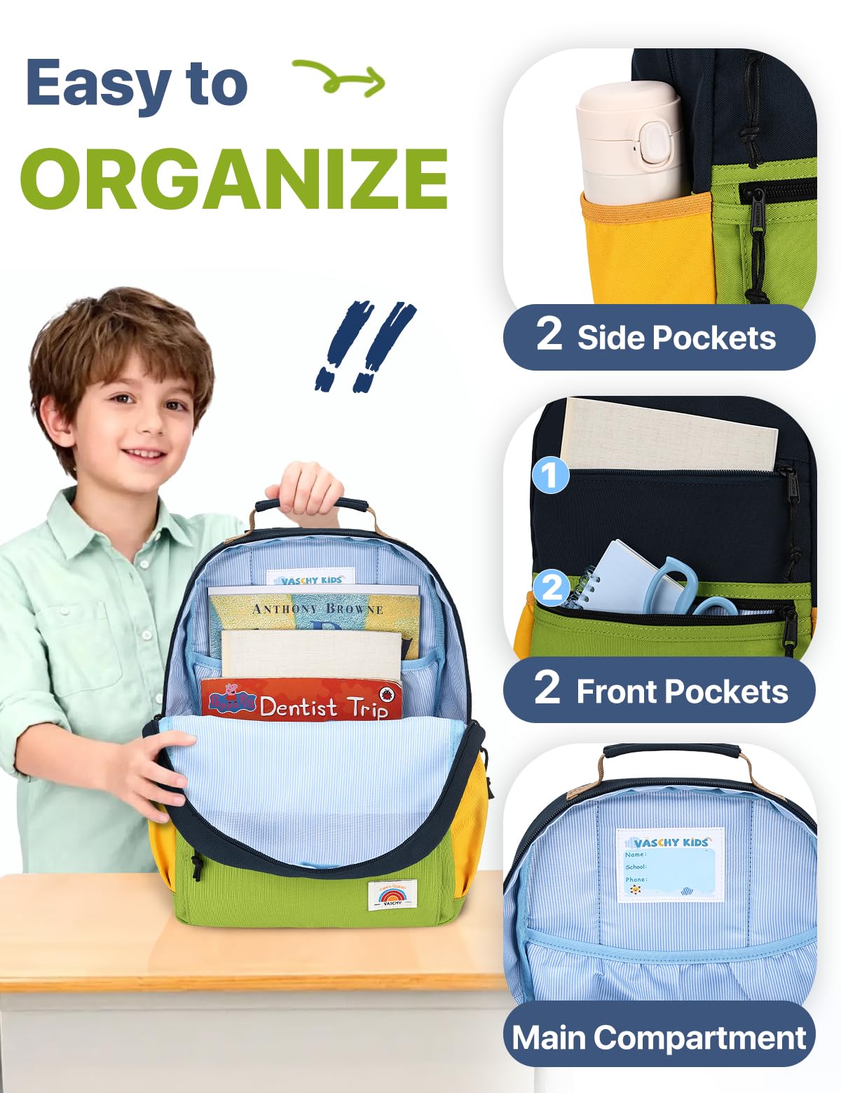 VASCHY Zaino Bambino, Leggero Colorato Zainetto Scuola Elementare con Cinturino Petto Fibbia per Viaggio, Campeggio e Tempo Libero, 3‑8 Anni Verde Navy