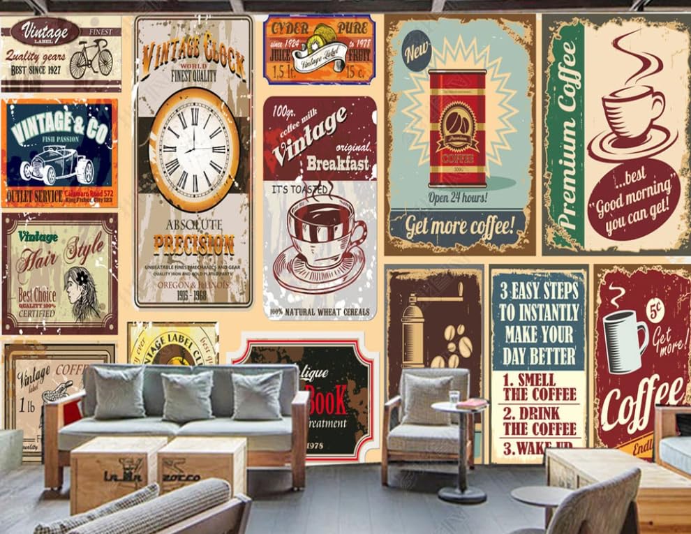 Papier peint intissé café rétro 250x175 cm pour décoration murale de salon