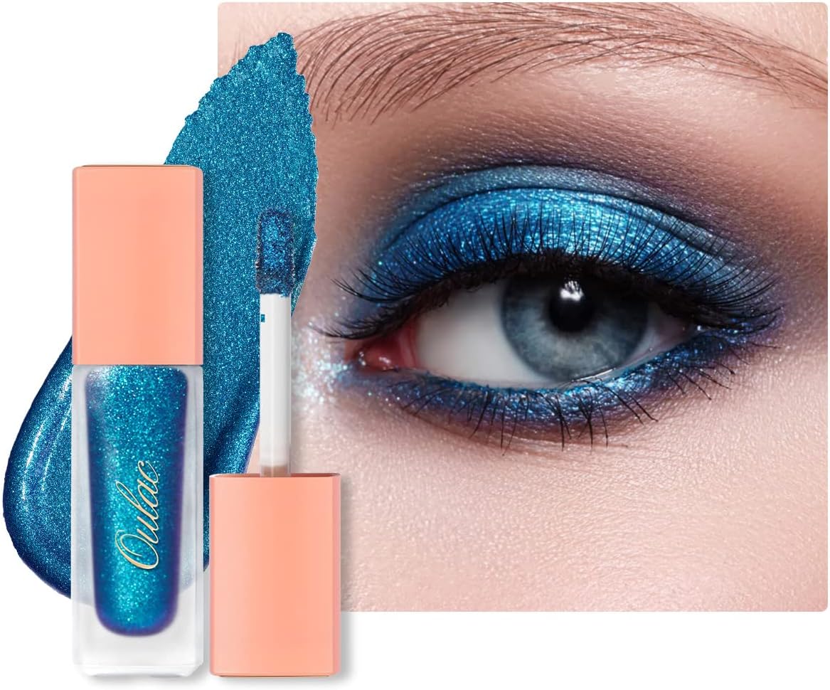 Oulac Glitter-oogschaduw, vloeibaar, blauwe oogschaduw, vloeibare eyeliner met fijne fonkeling, glitterafwerking, gladde glans, veganistisch en dierproefvrij, 5,4 g