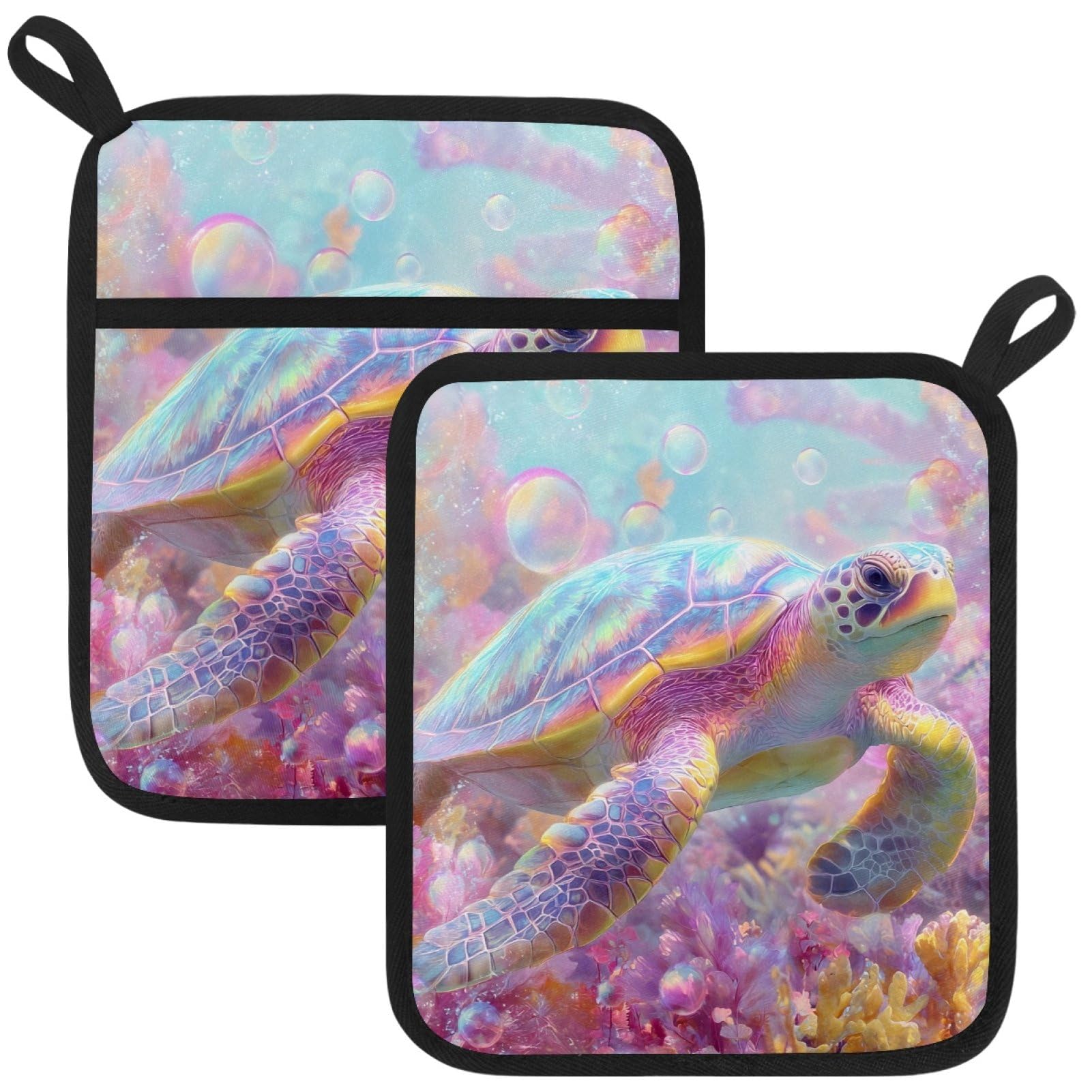 VAPOKF Pink Ocean Turtle Pot Holders with Pocket for Kitchen Heat Resistant Potholders Large Polyester-Cotton Square Oven Mitts Set
