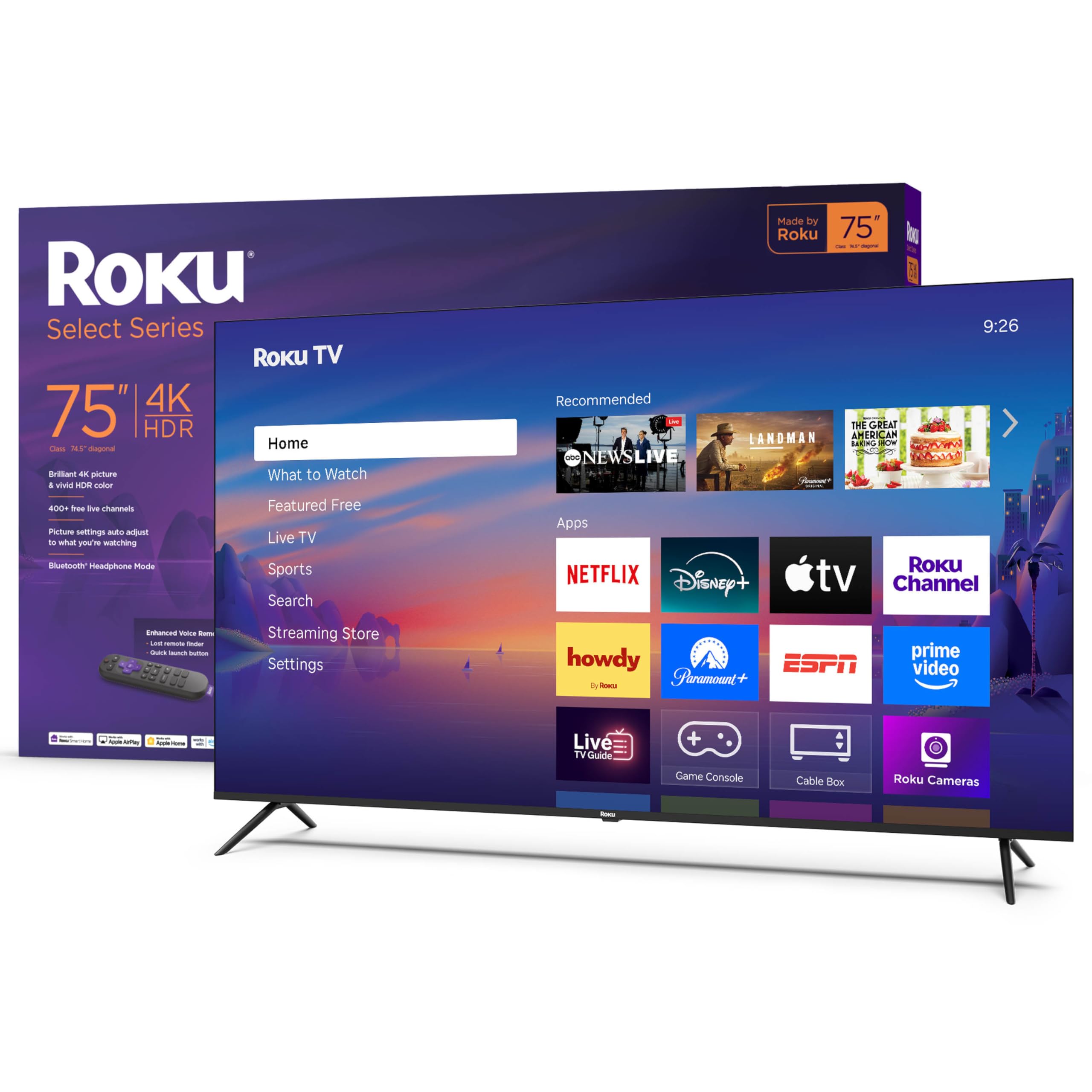 Roku Smart TV – 75-Inch Select Series, 4K HDR TV – RokuTV with Enhanced Voice Remote – Flat Screen LED Television with Wi-Fi for Streaming Live Local News, Sports, Family Entertainment