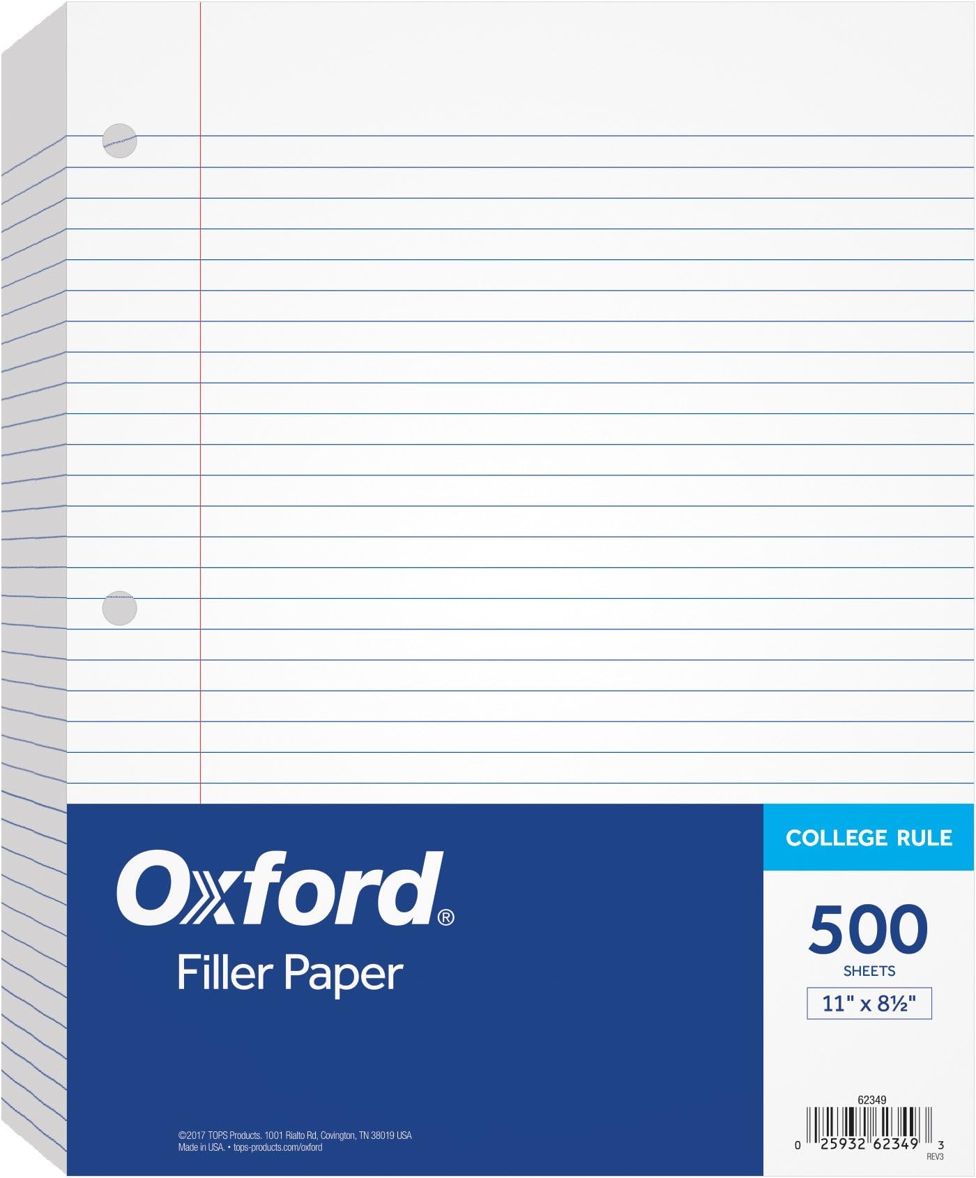 Oxford Filler Paper, 81/2" x 11", College Rule, 3Hole Punched, LooseLeaf Paper