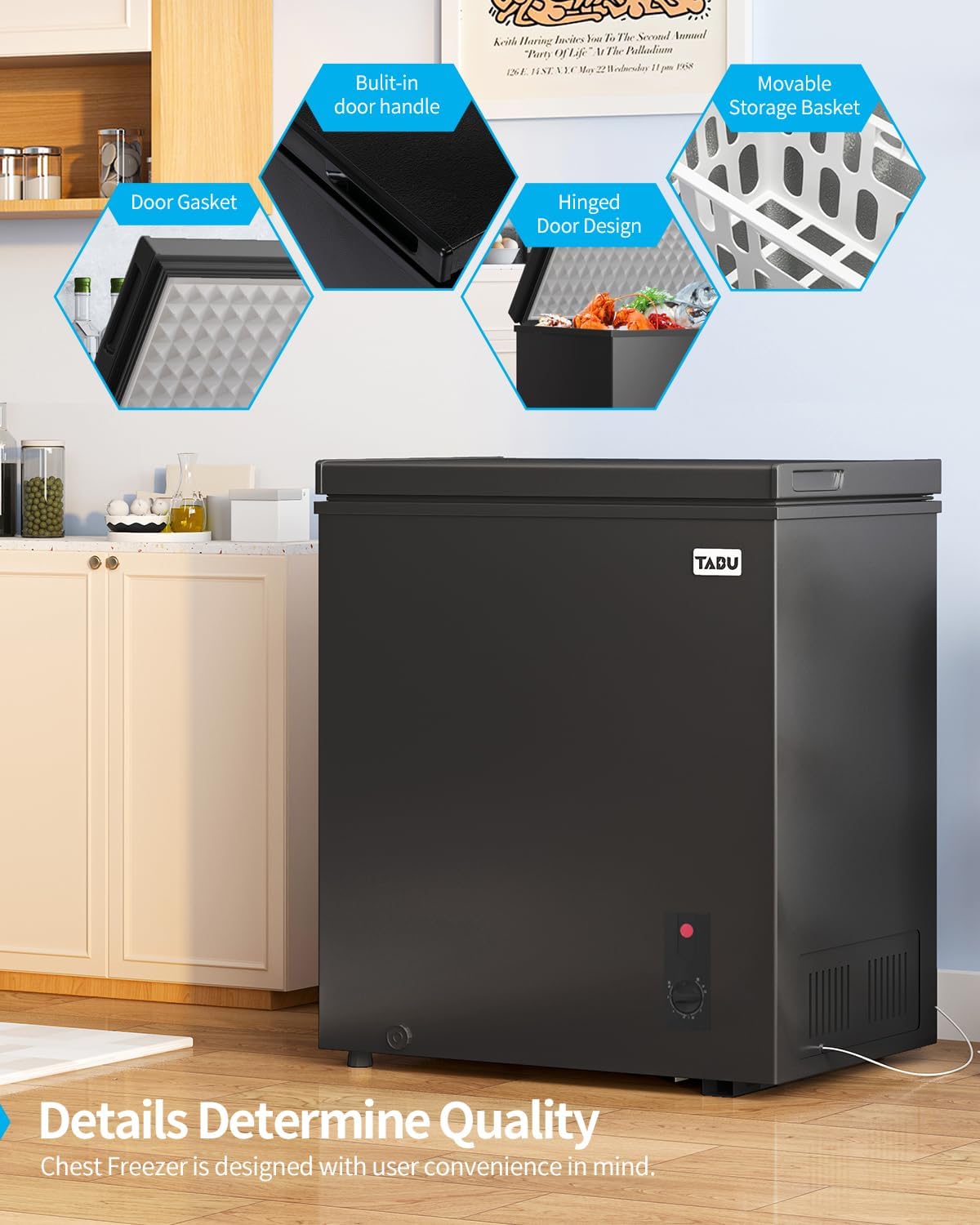 TABU 3.5 Cu Ft Chest Freezer, Freestanding Compact Chest Deep Freezer with 7 Level Adjustable Thermostat& Removable Storage Basket, Energy Saving (Black)