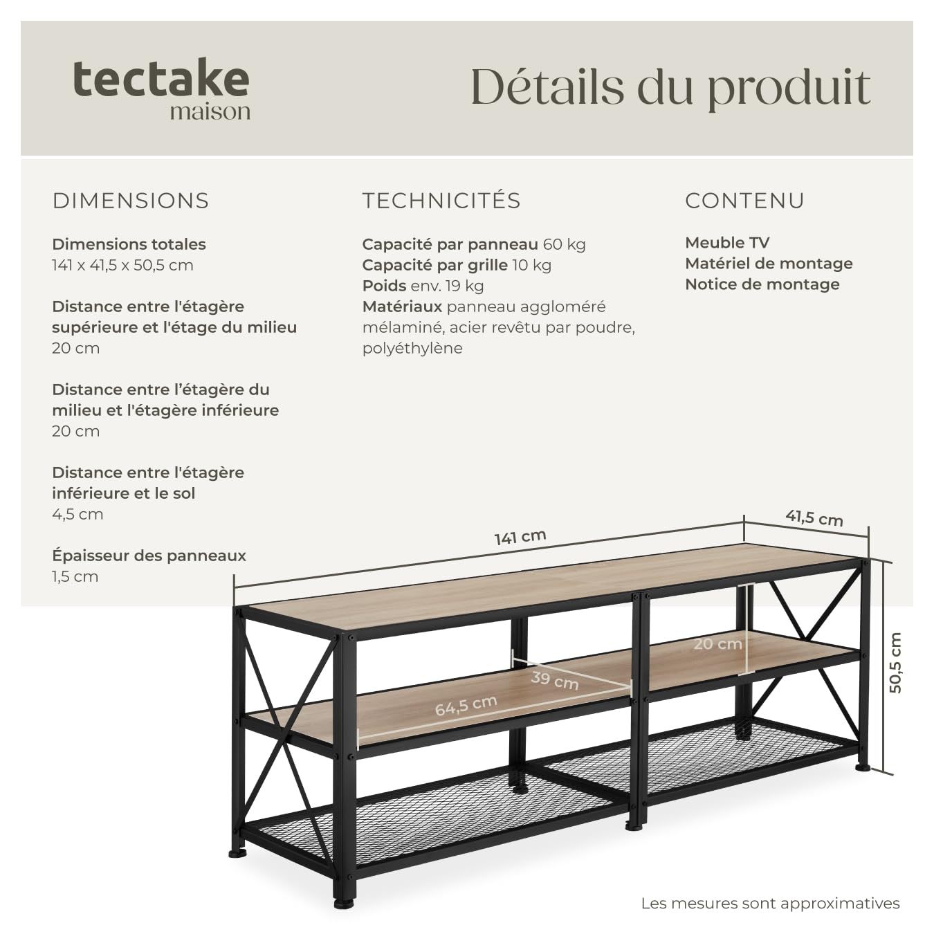 tectake® Meuble TV 141 x 41,5 x 50,5 cm, Banc TV Salon Chambre, Meuble Rangement Television, Style Industriel, 3 Niveaux Ouverts et Fond grillagé, Meubles de Salon pour télévision, Bois Clair