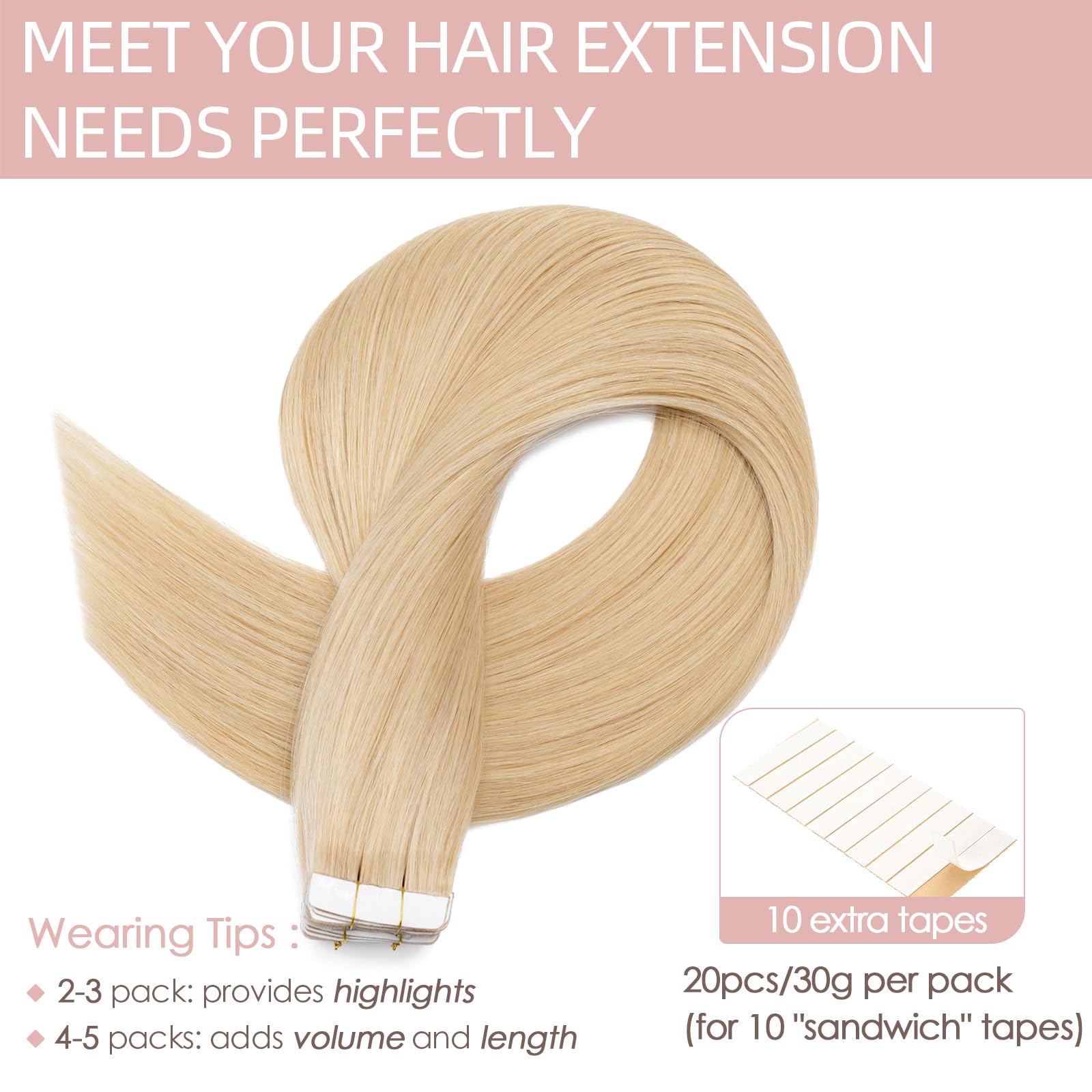 18" Tape in Hair Extensions Real Human Hair #24 Natural Blonde Remy Extension Hair Pieces Silky Straight 20 Pcs Skin Weft - Image 3