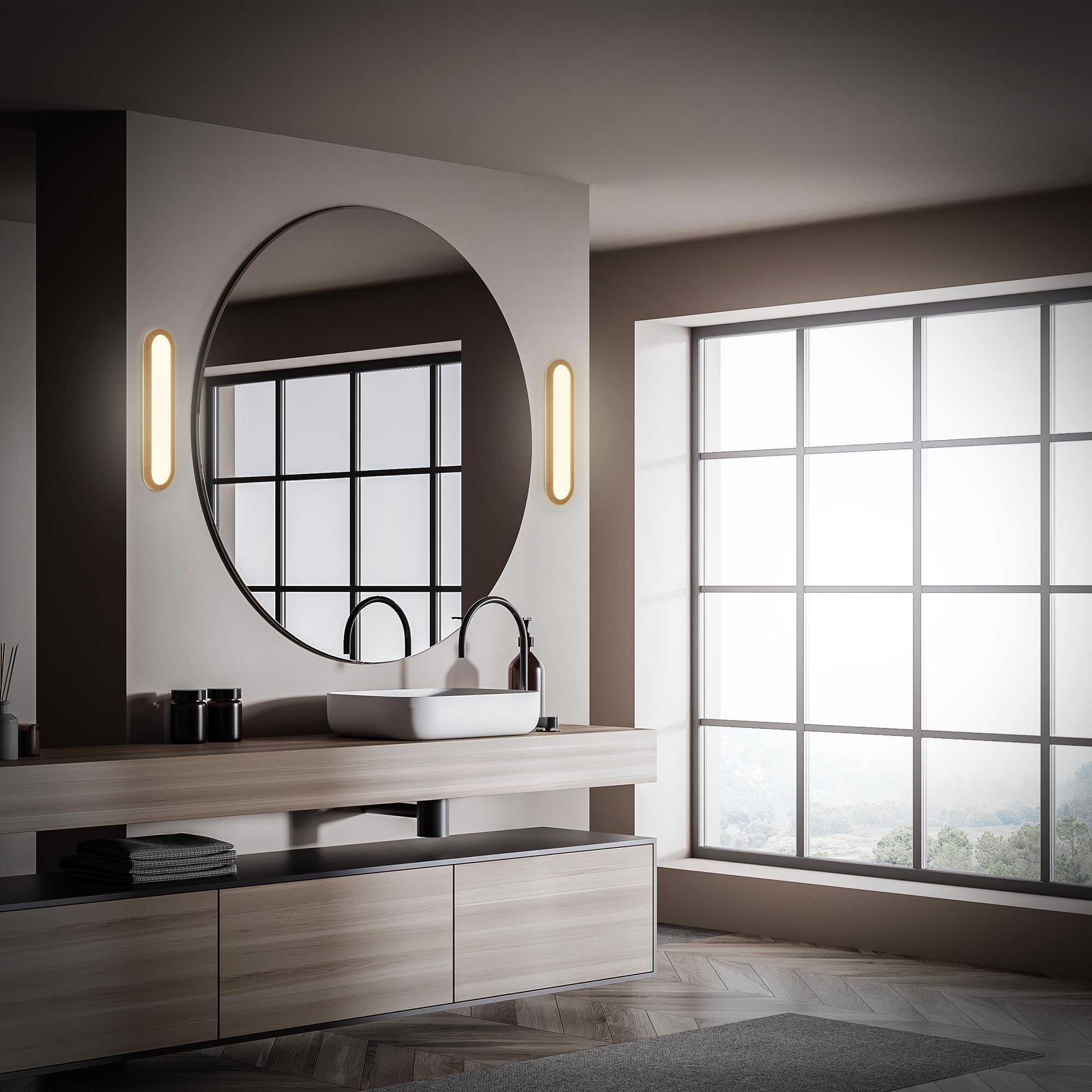 BRILONER - Aplique espejo baño LED con luz indirecta, protección IP44 contra salpicaduras, apliques espejo de baño, luz espejo, 35 x 9 x 4 cm, color madera