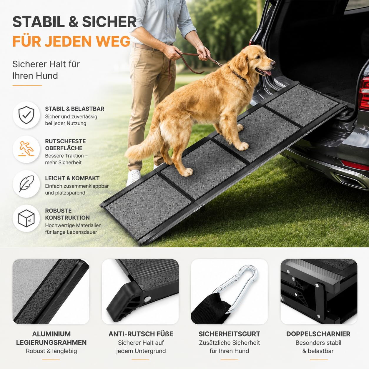 Rampe de voiture pliable pour chien - 170 x 44 cm - Extra large - Pour grands chiens jusqu'à 110 kg - Rampe de coffre de voiture antidérapante - Pour SUV, camion et lit mezzanine - Noir