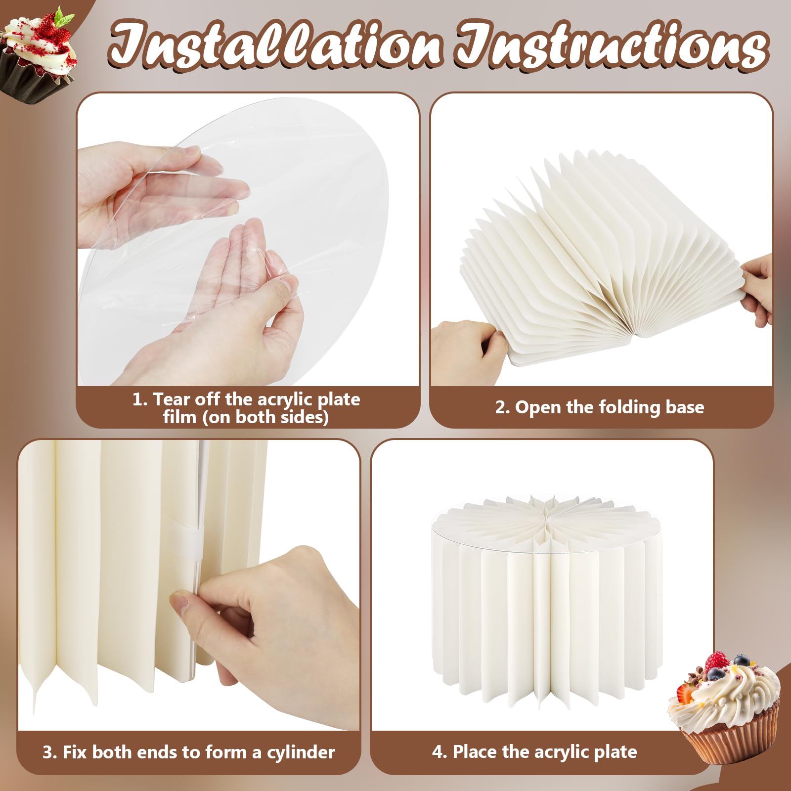 Lot de 6 rehausseurs de buffet en papier blanc avec cartes de présentation, assiettes en acrylique, présentoirs pliables pour fête, mariage, anniversaire (4 tailles)