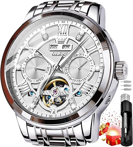 OLEVS Relojes Automáticos para Hombre, Diseño Esqueleto Dorado, Tourbillon, Automático, Mecánico, Acero Inoxidable, Impermeable, Reloj de Pulsera