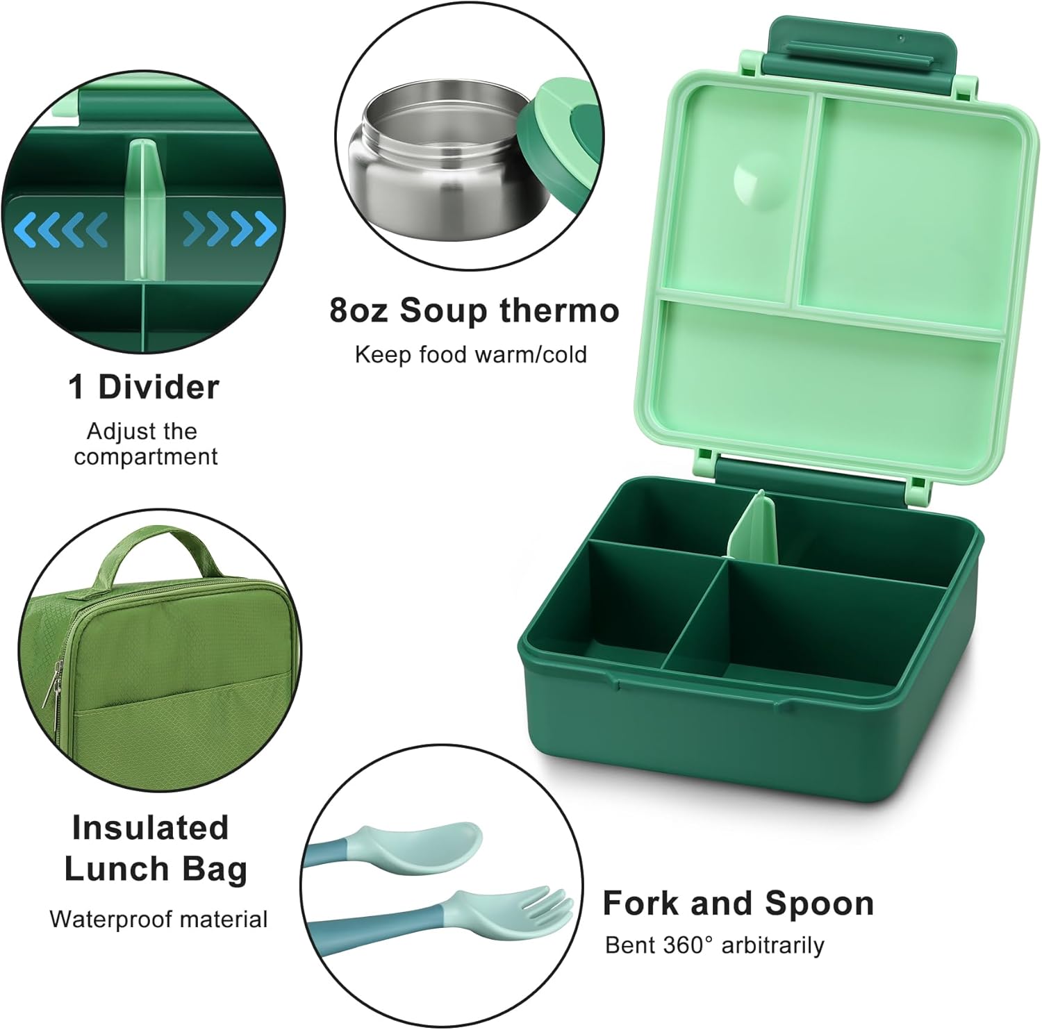Itslife Bento Lunch Box for Kids with 8oz Soup Thermo&Lunch Bag, Leak-Proof Lunch Food Containers with 4 Compartment, Hot Food Insulated Food Jar for Kids School (Green) - Image 7