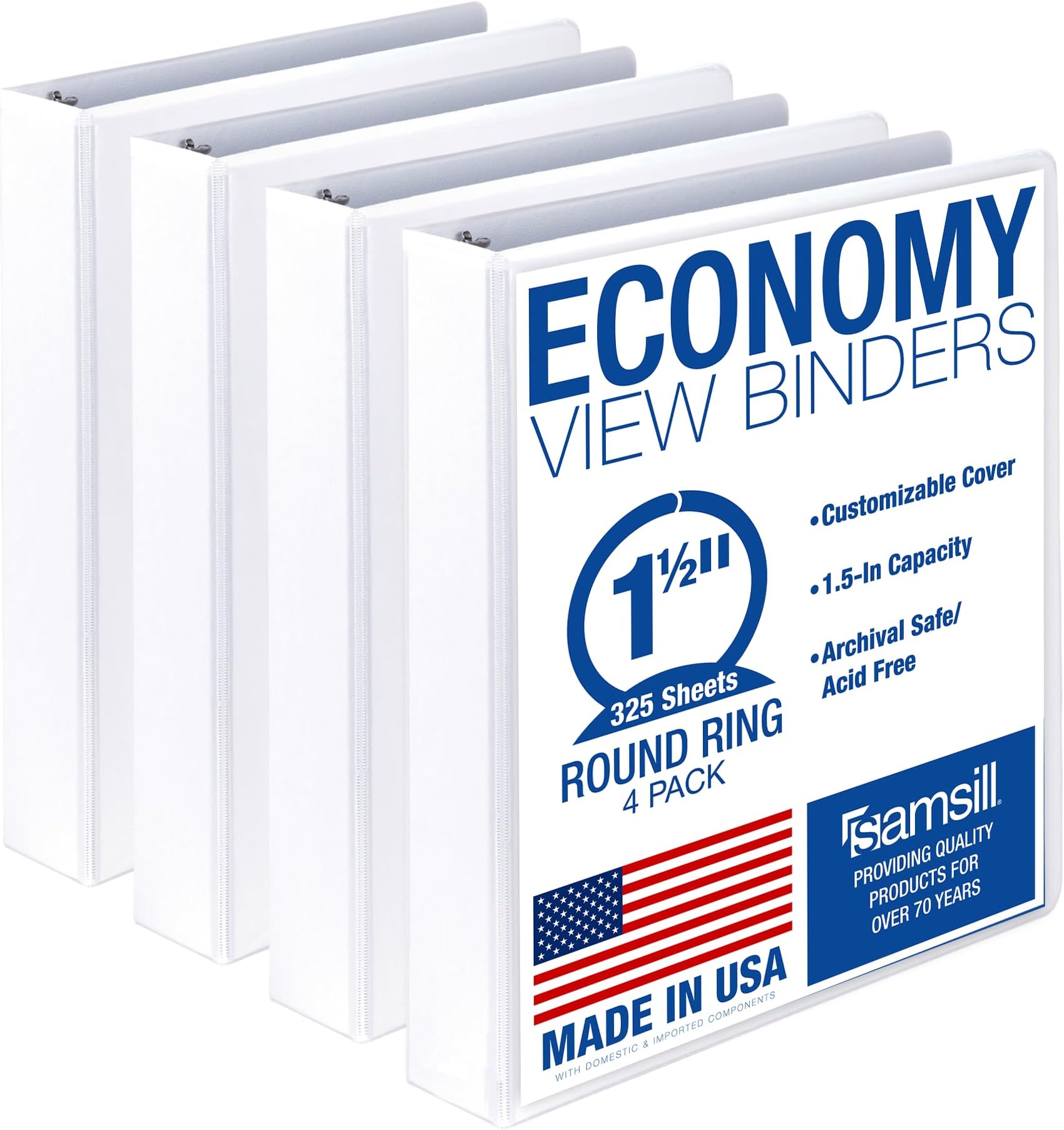 Samsill 1.5 Inch 3 Ring Binders, Economy Round Ring, Clear View Cover, 325 Sheet Capacity - for School, Home, Office - White, 4 Pack