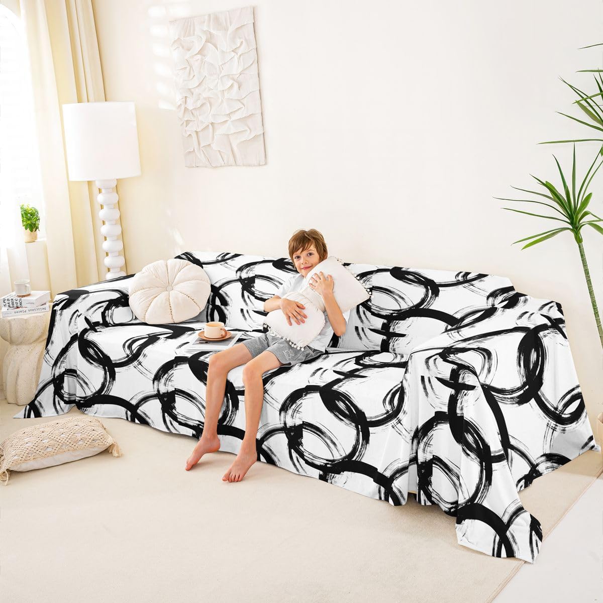 Erosebridal Black and White Couch Cover Abstract Line Minimalist Ink Painting Sofa Slipcover for Couches and Sofas Graffiti Art Modern Geometric Couch Protector Boho Cool Unique Sofa Cover 71" x 102"