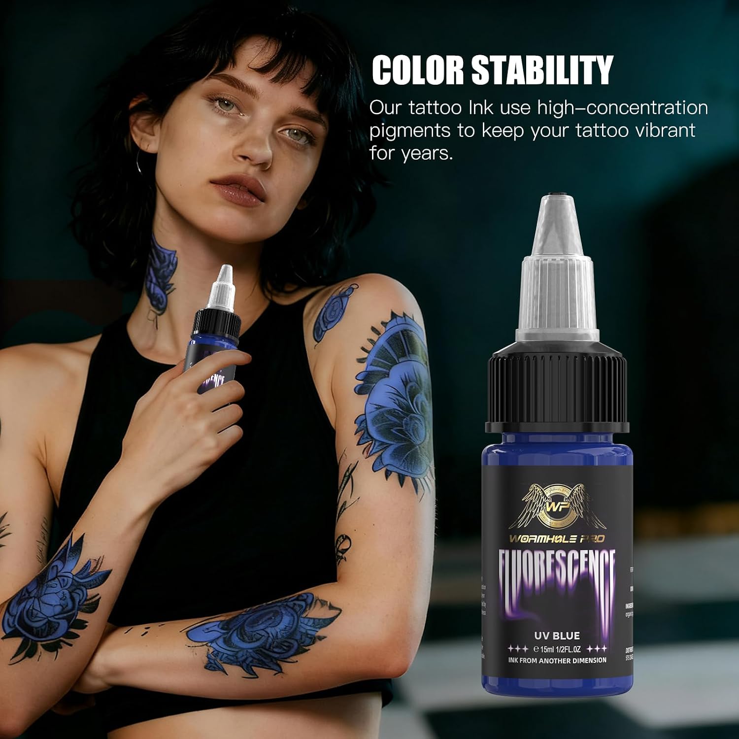 WORMHOLEPRO Tattoo Ink - 1/2oz(15ml) Professional Tattoo Pigment, Safe for Real Skin, Smooth Flow Tattoo Supply Ink, Long Lasting Color Fluorescent Ink for Artists - Blue