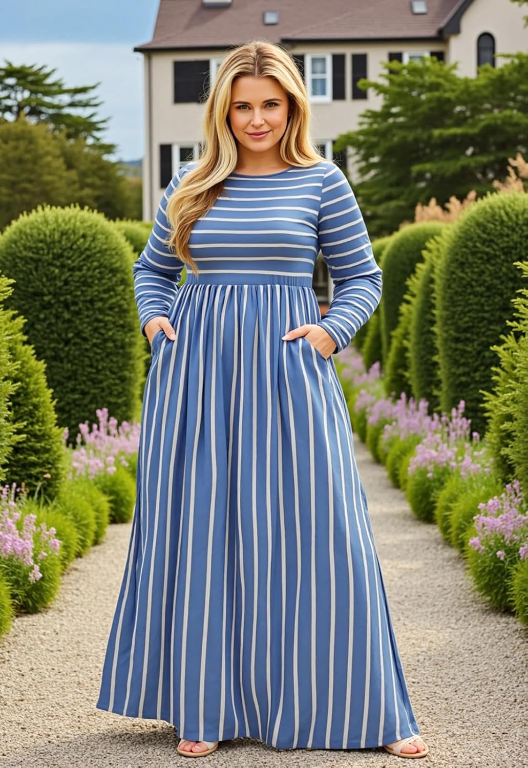 Nemidor Plus Size Maxi Dress for Curvy Women Fall Casual Loose Long Sleeve Dresses with Pocket 14-26 - Image 3
