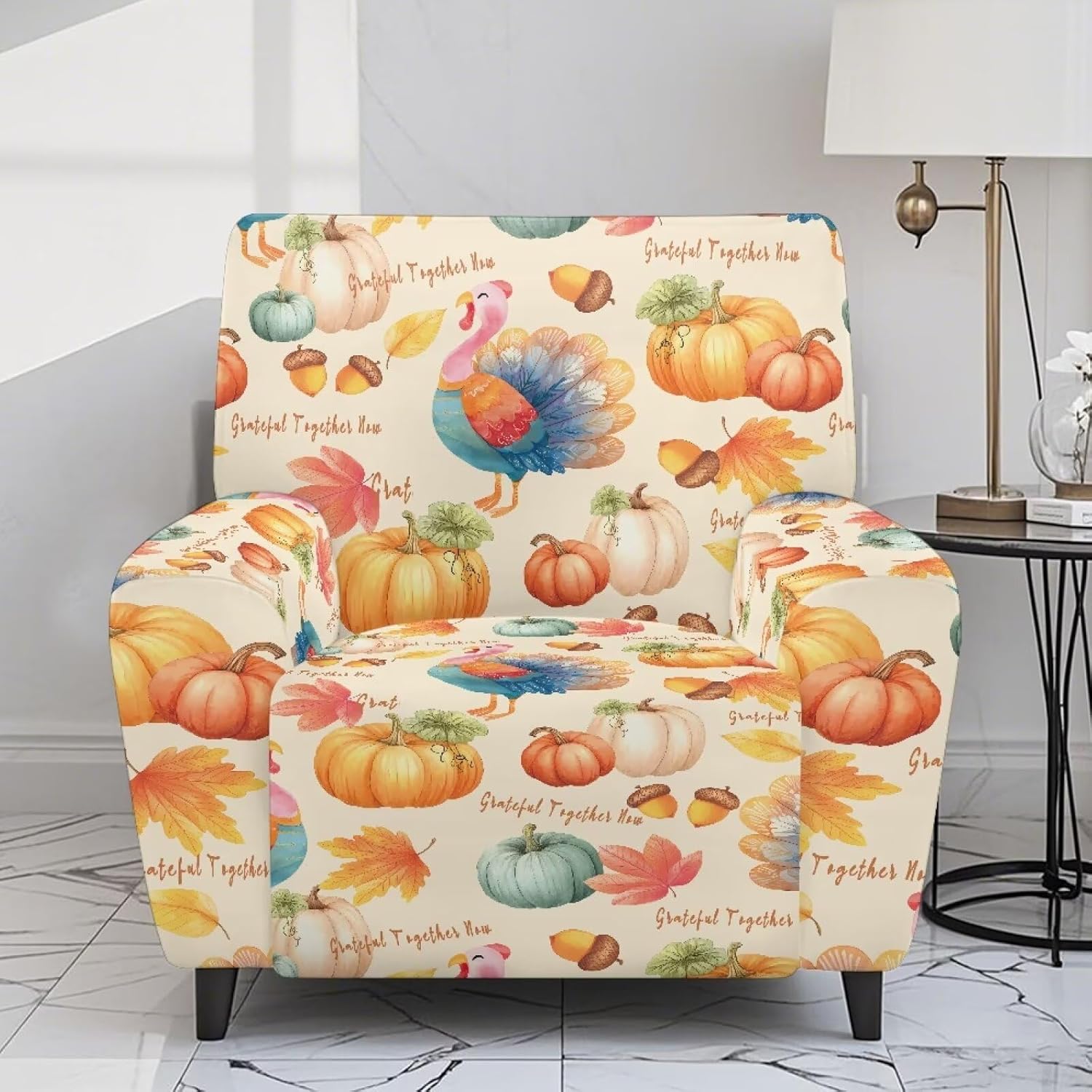 FOR U DESIGNS Turkey Pumpkin Beige Recliner Slip Cover 4-Piece Elastic Set with Storage Pockets Washable Reclining Chair Cover Stay in Place Protector for Pets Thanksgiving Decorations
