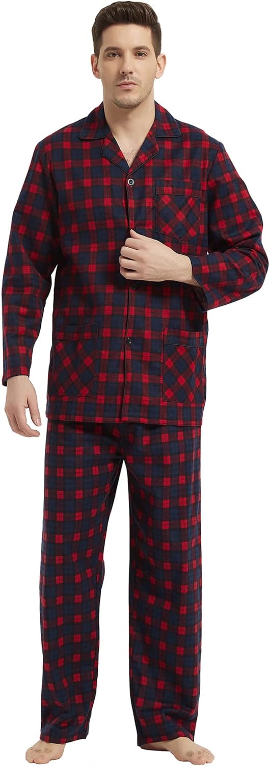 amaxer Men's Flannel Pajamas Set Men's Home Fashion Pajamas with Pockets and Drawstring 100% Cotton Soft Pjs for Men - Image 4