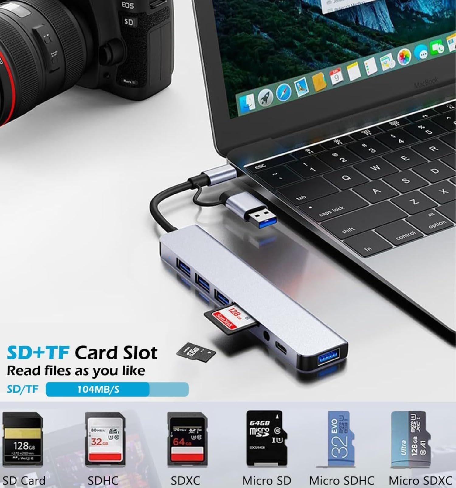 Hub USB 8 en 1, USB A/C vers USB 3.0 USB 2.0, répartiteur USB Portable à 8 Ports, Extension de Station d'accueil USB 3.0 Audio Compatible avec Ordinateur Portable, PC, téléphones