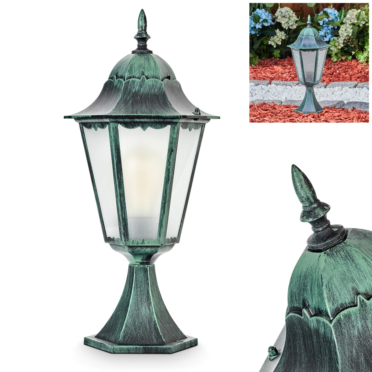 Lampe d'allée extérieure Hongkong, lampe de socle en métal/verre en noir-vert/verre laiteux, lampe d'allée, 50 cm IP44, 1 x E27, ampoule(s) non incluse(s)