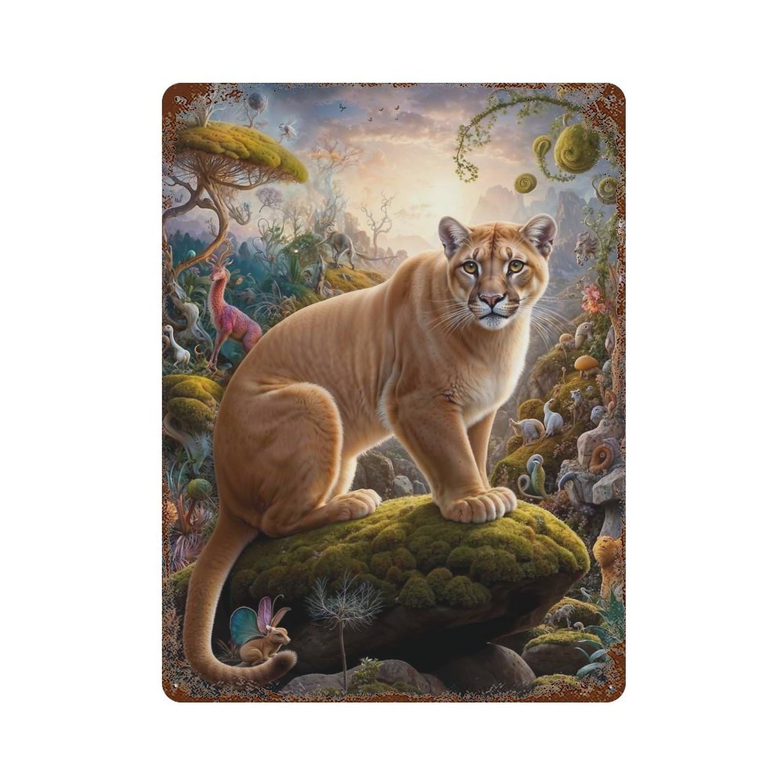 Mystical Mountain Lion Distressed Metal Wall Sign 15.7"x11.8", Industrial Home Decor for Garage, Pub Or Kitchen