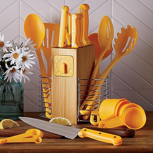 Montgomery Ward Juego de cubiertos y utensilios de 25 piezas, Golden Honey - Apartment Essentials - Kit de preparación de cocina con cuchillos de