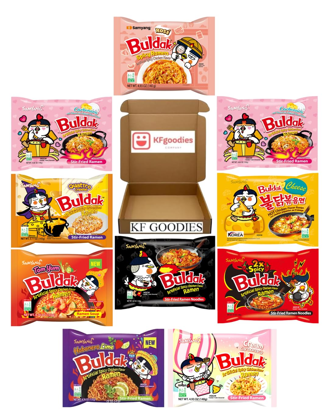 KF GOODIES Korean Ramen Variety Pack Gift Box (10 Count) – Spicy Buldak Noodle Assortment for Birthdays, College Care Packages, Office Snacks and Gift Baskets