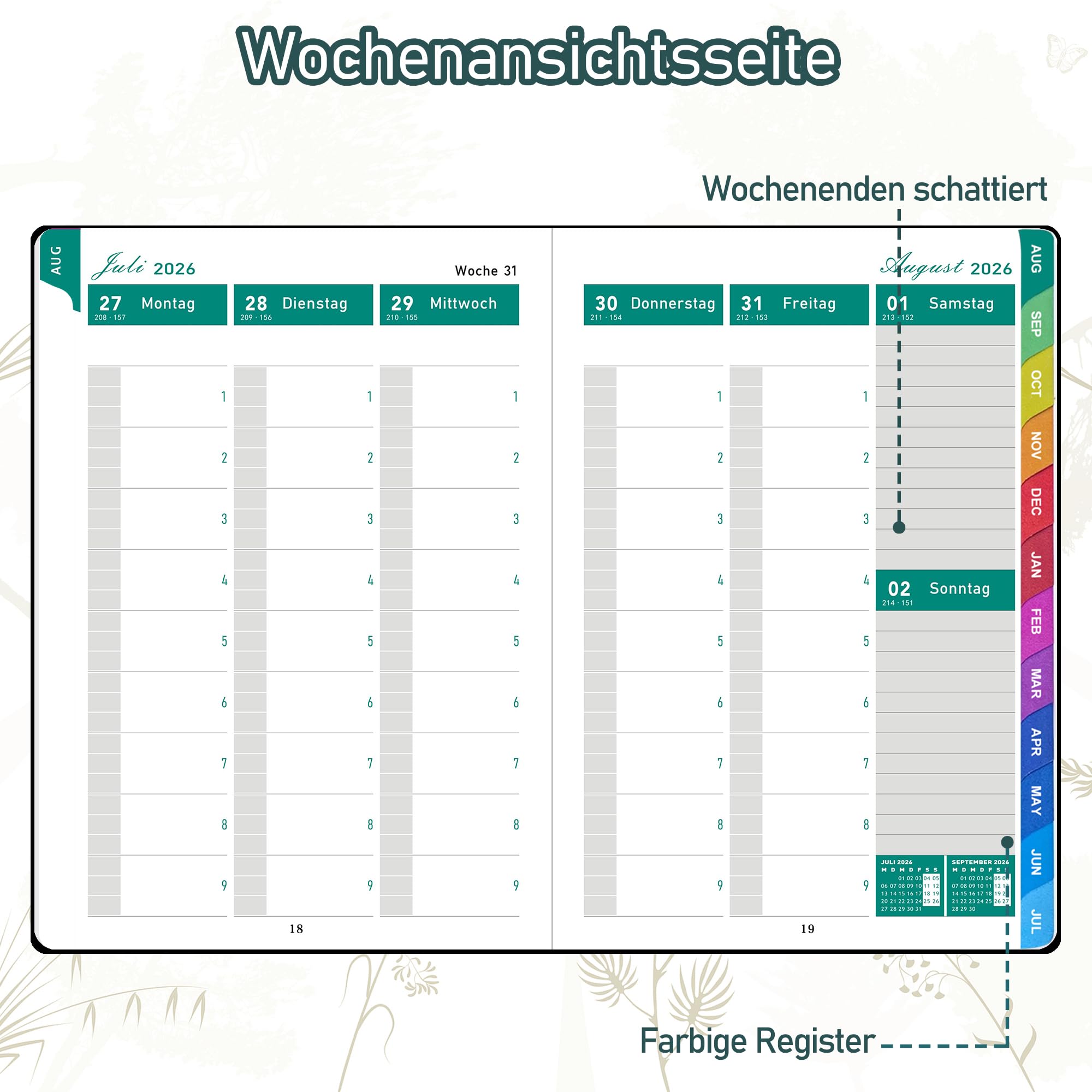 ZXHQ Lehrerkalender 2026–2027 A5+, Lehrerplaner/Wochenplaner für Lehrer und Schule, Hardcover, 208 Seiten, Farbig Gestaltete Innenseiten & Monatsregister, Mit Innentasche, 16,5 x 22 cm, Salbeigrau