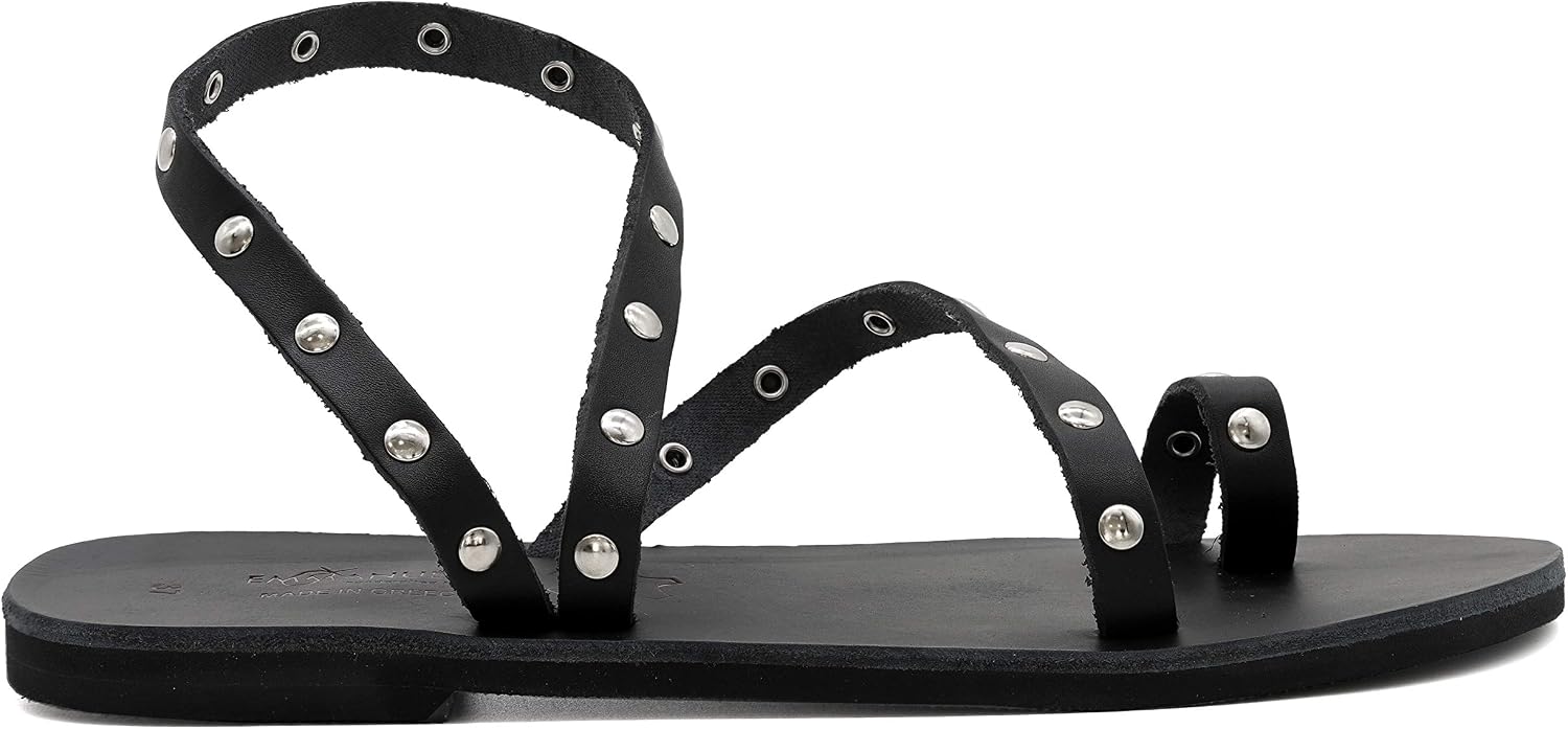 Emmanuela Ancient Greek Leather Flat Toe Ring Sandals with Metal Studs, Quality Handmade Ankle Strap Summer Shoes for Women, Open Toe Slip on sandals, Boho Chic Sandals