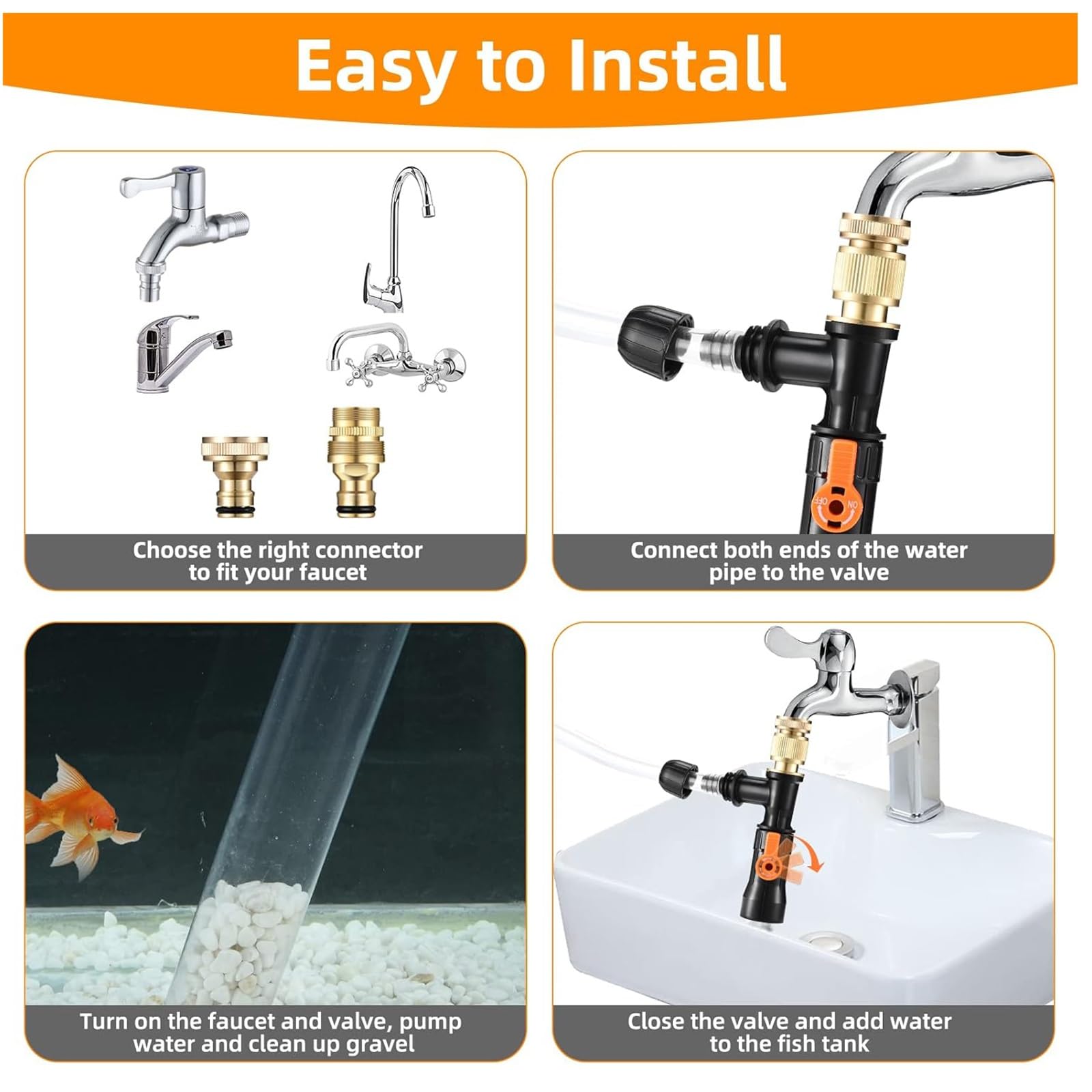 Kiessauger for Aquarien, Siphon, Aquarium-Wasserwechsler Mit DREI Wasserhahnadaptern Aus Metall Und Langen Schlauchfüßen