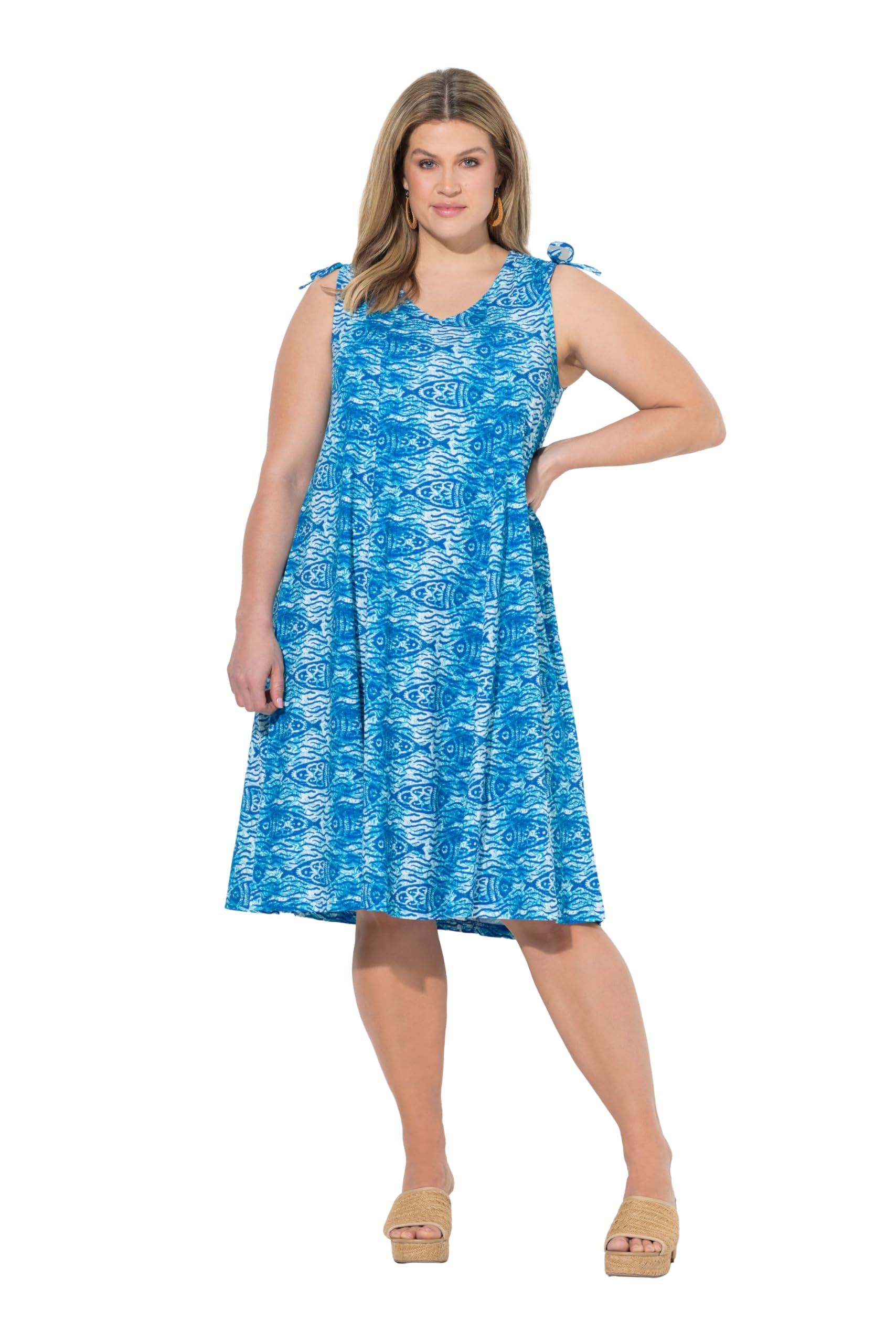 Ulla Popken Damen große Größen Übergrößen Plus Size Midikleid, Fische, V-Ausschnitt, ärmellos, Biobaumwolle 849926
