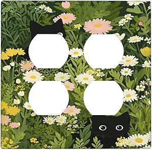 Decorative Outlet Covers Funny Cute Black Cat Colorful Flower Green Plant 2 Gang Wall Plate Cover Double Duplex Receptacle Two Switch Light Switch Cover Plate Faceplate for Home Decor