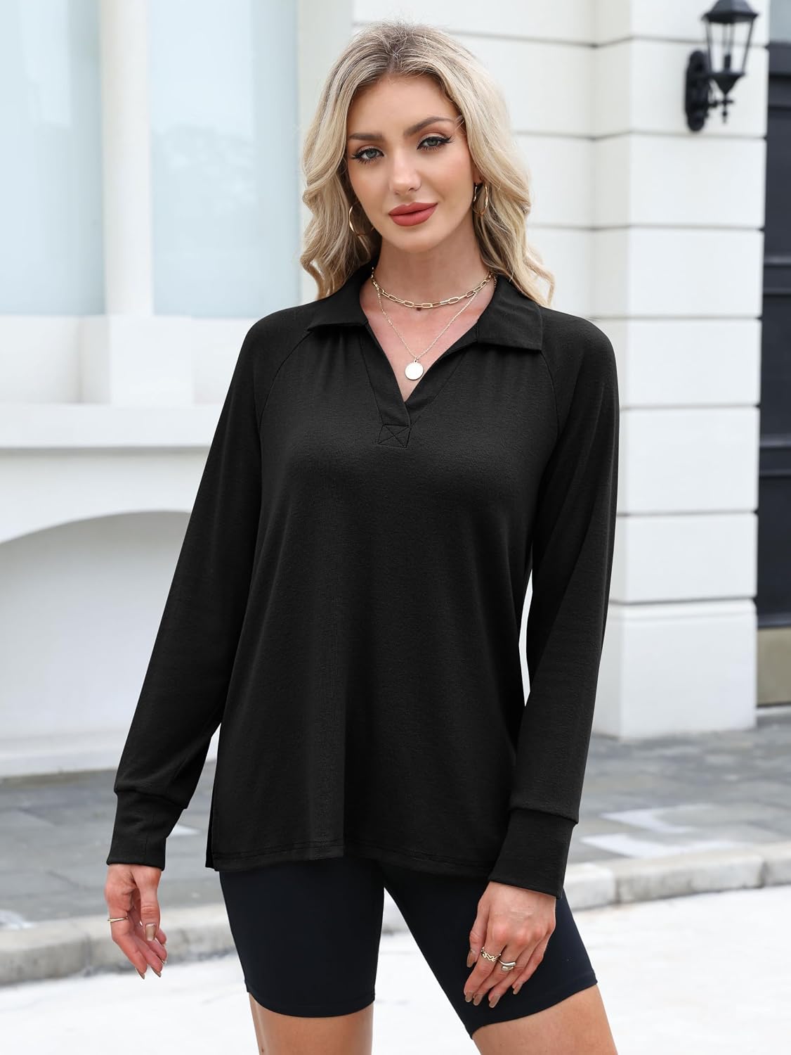 Women's Long Sleeve Polo Shirts Casual Loose Fit Tunic Tops for Fall Outfits V Neck Pullover Shirts for Women