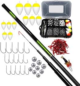Kit de Pesca Completo com Vara Telescópica de Fibra de Vidro, Anzóis, Bóias, Chumbadas e Iscas de Silicone e estojo para armazenamento
