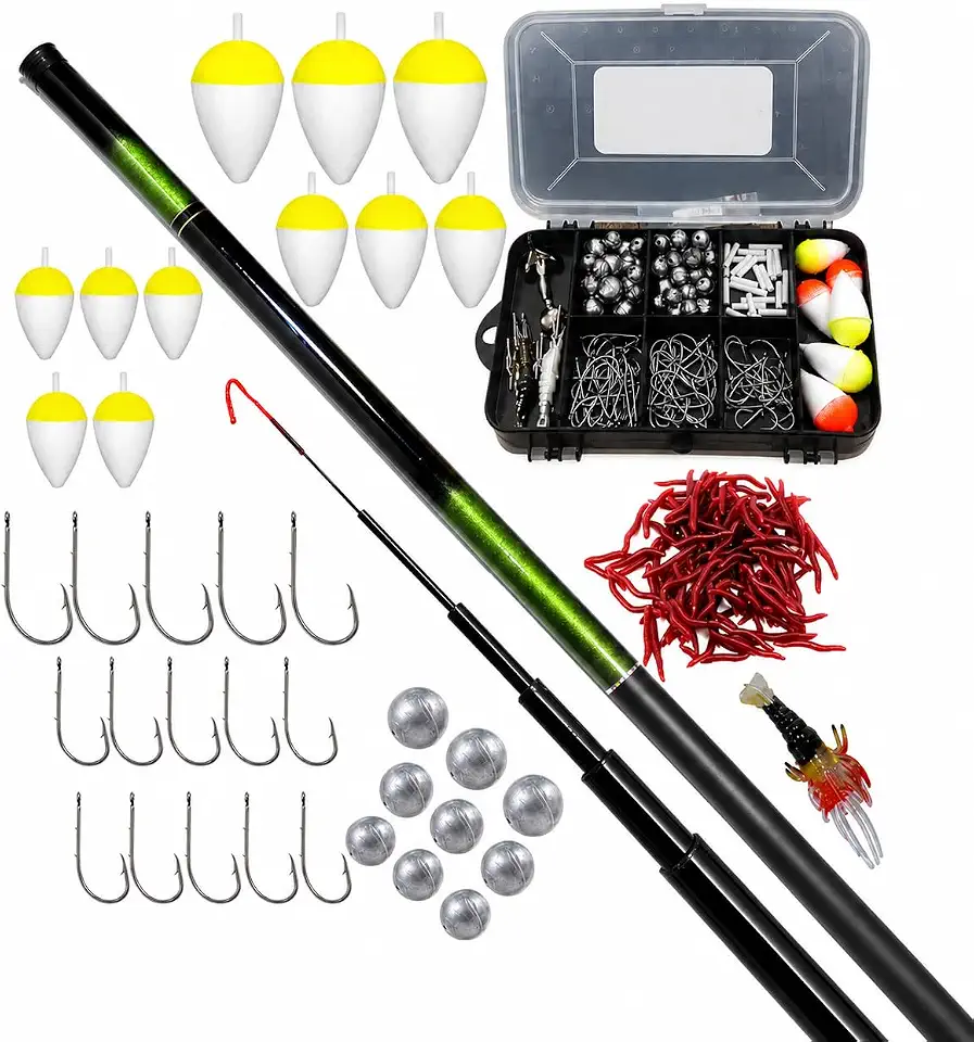Kit de Pesca Completo com Vara Telescópica de Fibra de Vidro, Anzóis, Bóias, Chumbadas e Iscas de Silicone e estojo para armazenamento