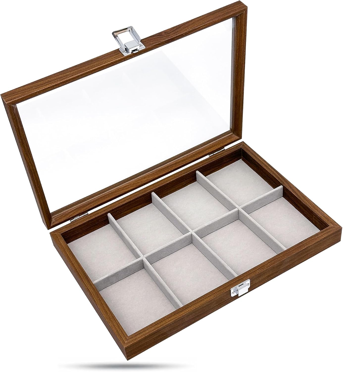 TheDisplayGuys For Your Modern Living Wooden Travel Jewelry Box w. Tempered Glass Display Lid - Bracelets Storage - 8-Compartments Velvet Organizer (Dark Oak) by The Display Guys