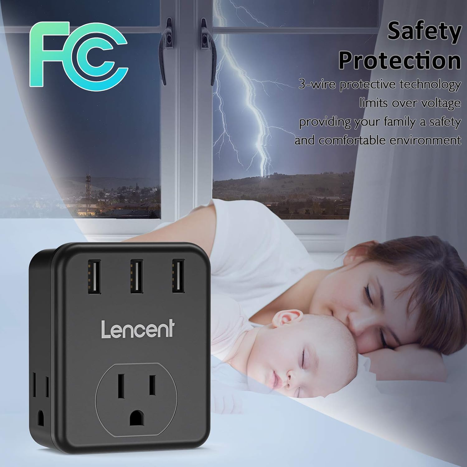 Multi Plug Outlet Extender, LENCENT 3 Outlets Splitter with 3 USB Ports, Wall Charger, 3 Prong Plug, Power Charging Box Expander for Home, Office, Hotel, Dorm, Cruise Ship Approved- Black