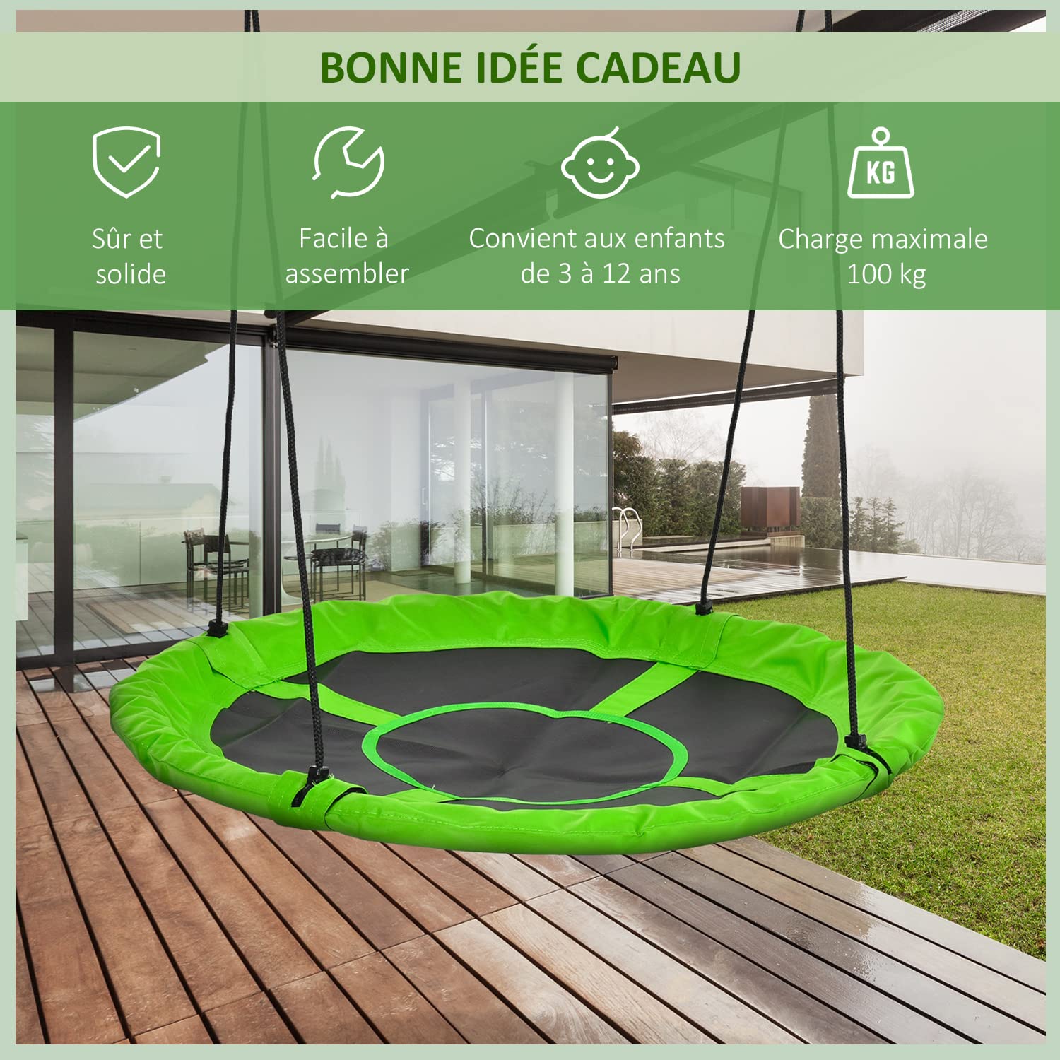 Outsunny Balançoire nid d'oiseau Ronde balançoire Panier Ø 110 cm 4 Anneaux Inclus métal époxy Oxford Haute densité Vert
