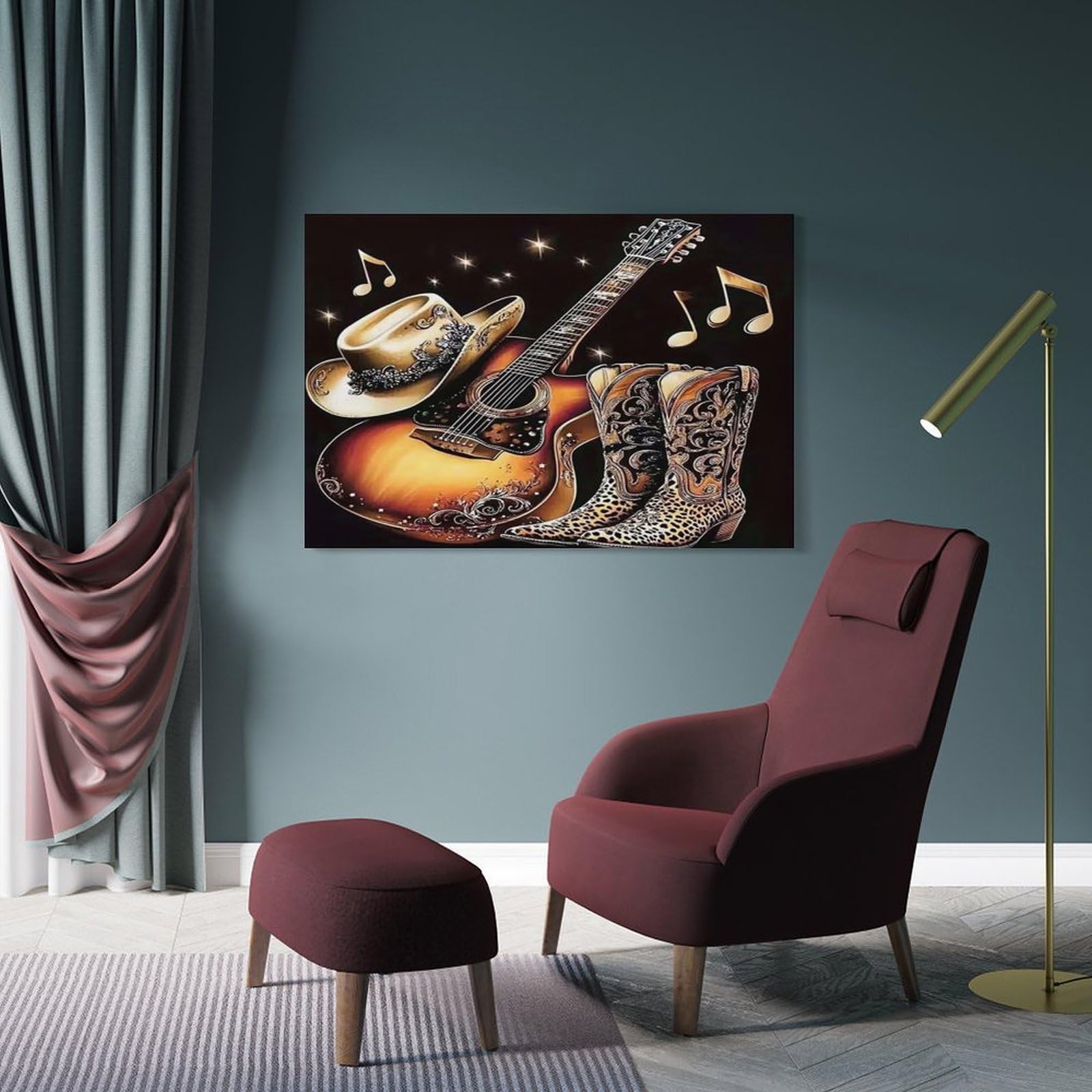 Country musica attrezzatura Pezzo Singolo Stivali da cappello da cowboy e chitarra Quadro Da Parete Arte Per La Decorazione Di Pareti Stile Contemporaneo Per Interni Moderni 20x30inch(50x75cm)