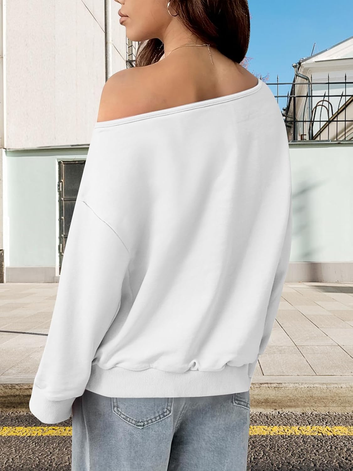MYHALF Off the Shoulder Sweatshirt for Women Y2K Bow Graphic Pullover Tops Drop Shoulder Long Sleeve Cute Sweaters - Image 6