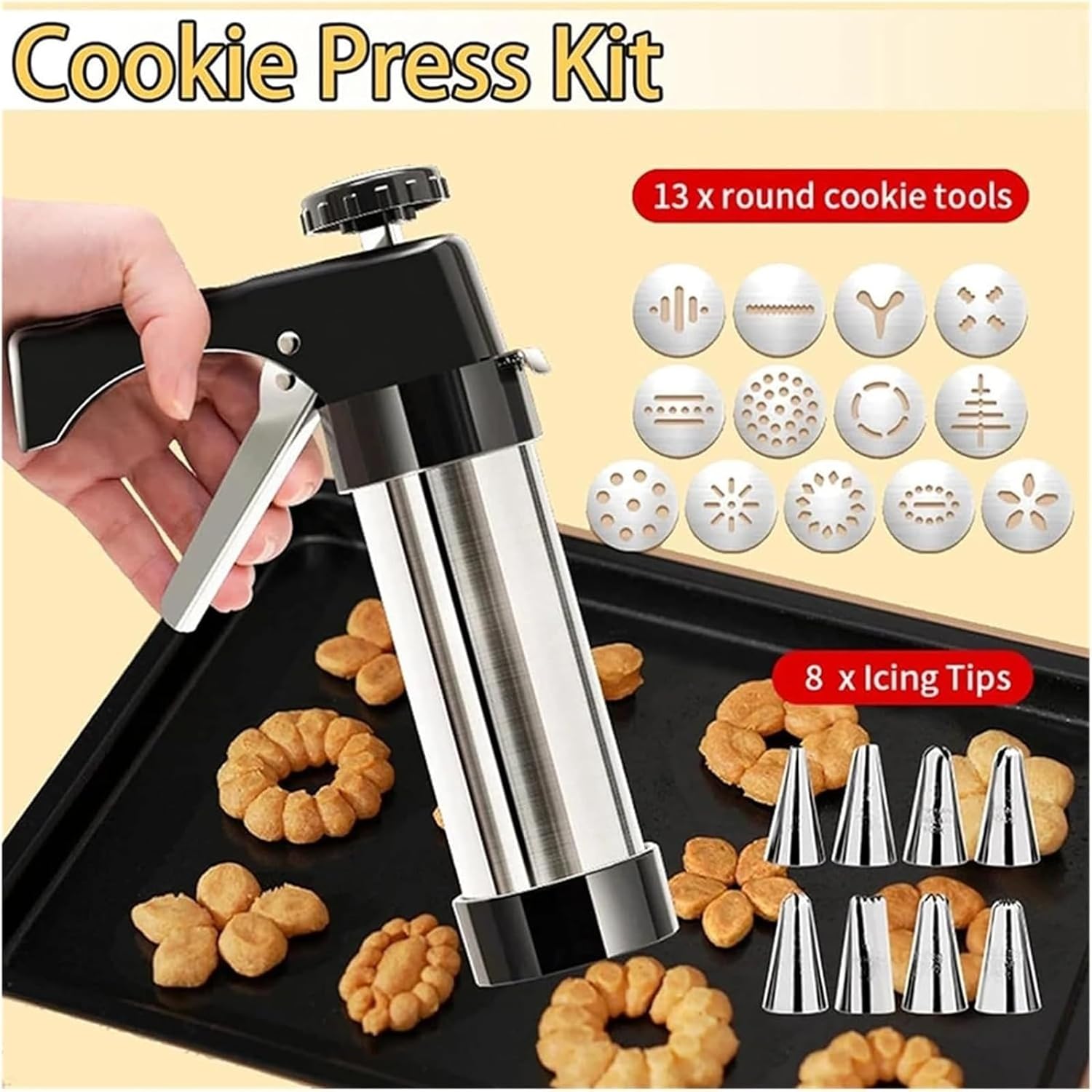 Stainless steel cookie press gun set - equipped with 13 interchangeable press plates, durable and easy to clean baking tools, suitable for cookie cake decoration, dishwasher safety
