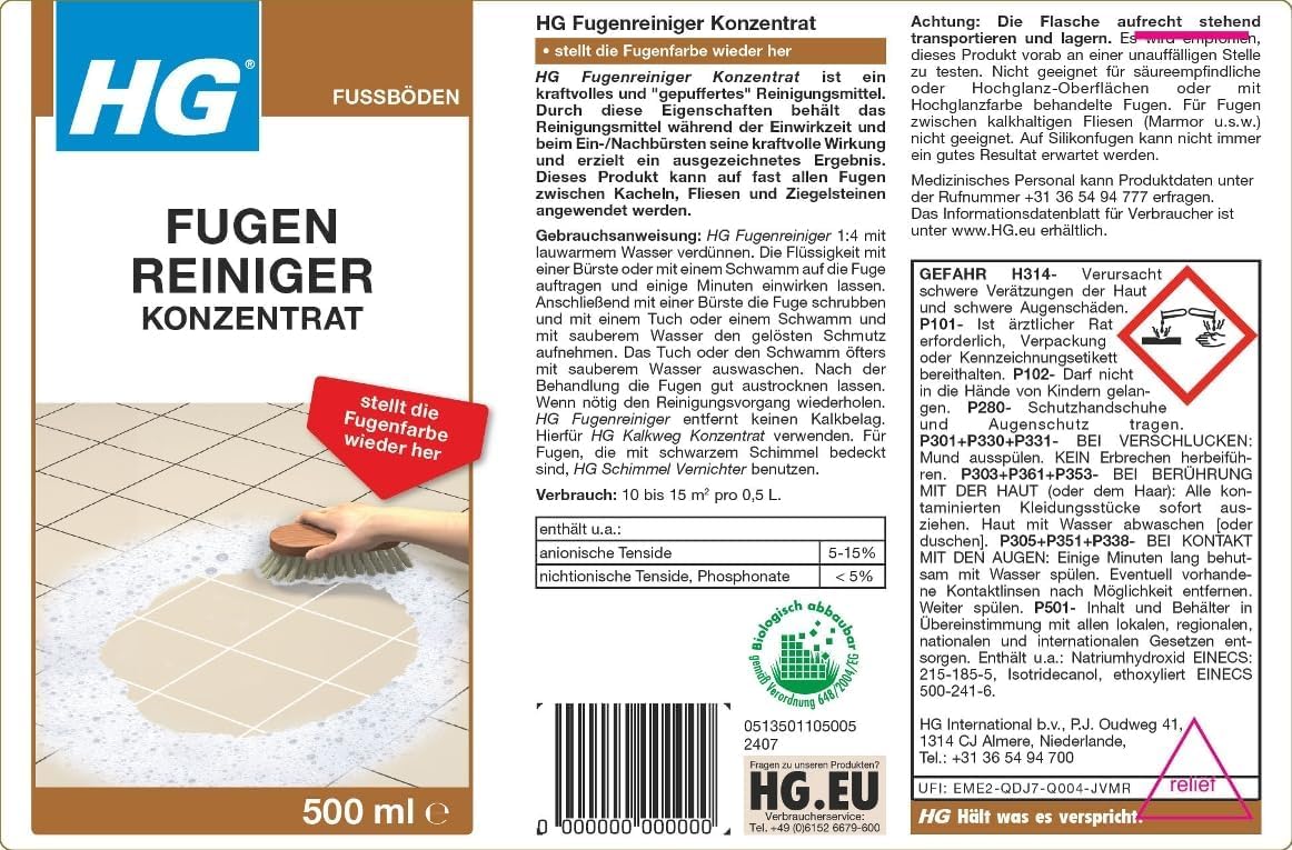 HG Fugenreiniger Konzentrat – Hochergiebiger Fugenreiniger gegen Schmutz & Ablagerungen – Bad & Küche – 6er Set