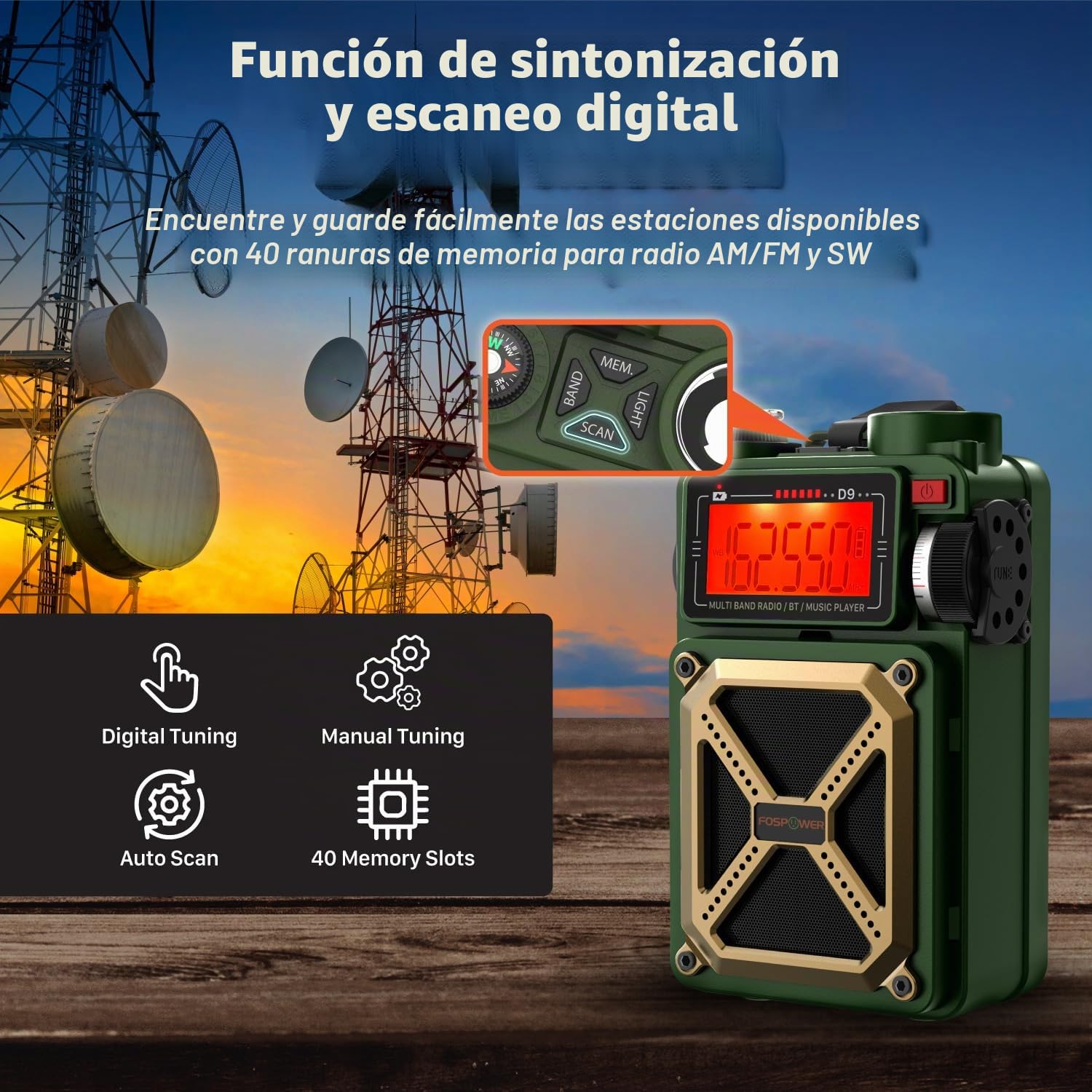 FosPower Radio de Emergencia Tiempo con Altavoz Bluetooth, 14800mWh | Manivela USB-C Carga Solar NOAA AM/FM SOS Alarma Linterna LED Conector Auriculares Pantalla Escaneo Digital, para Emergencias