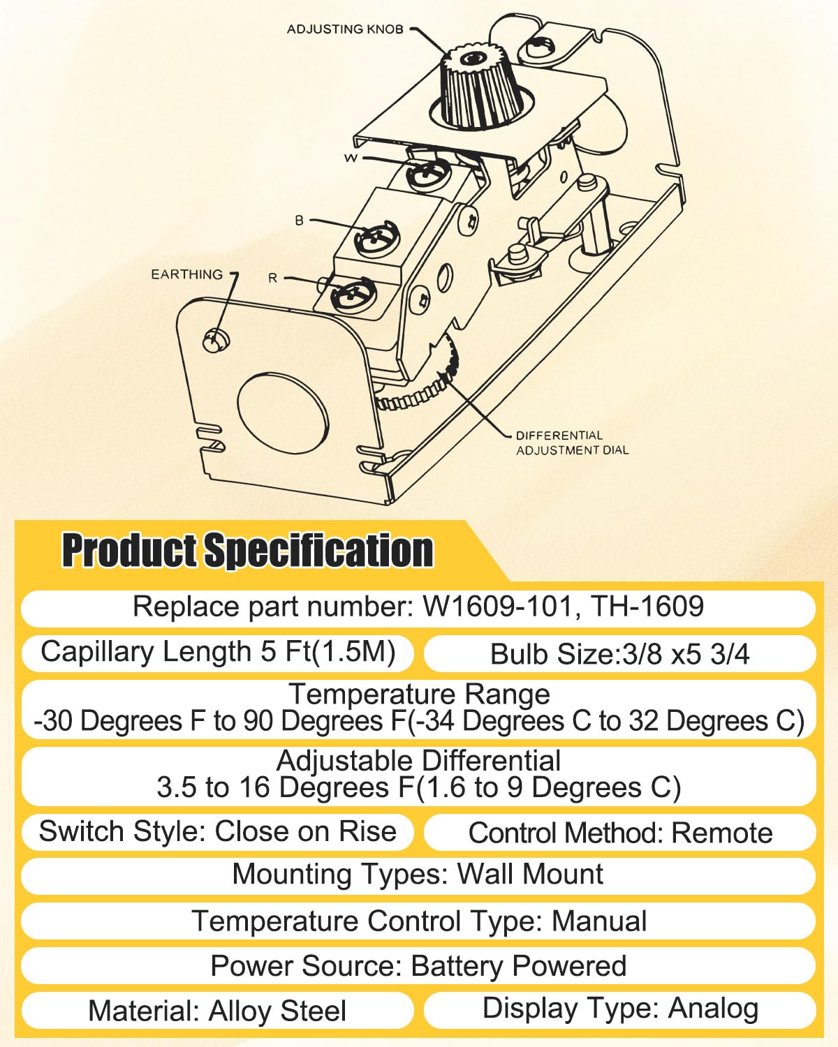 W1609-101 Bulb Refrigeration Thermostat Temperature Controller, Replace TH-1609 from -30 Degrees F to 90 Degrees F (-34 Degrees C to 32 Degrees C), 5 Ft Capillary
