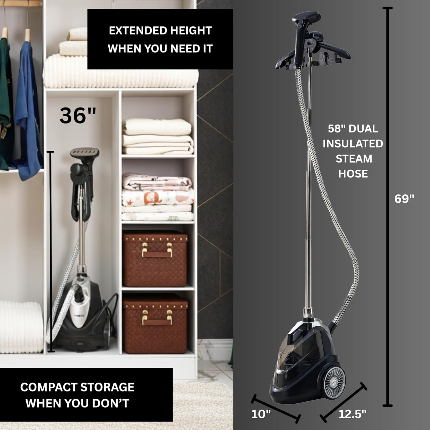 True & Tidy Luxury Standing Garment Steamer with 10 Steam Settings, Smart Auto Shut-Off 1800 Watt Powerful Clothes Steamer, Fast Heat Up, Wrinkle Removal for Home and Business Use