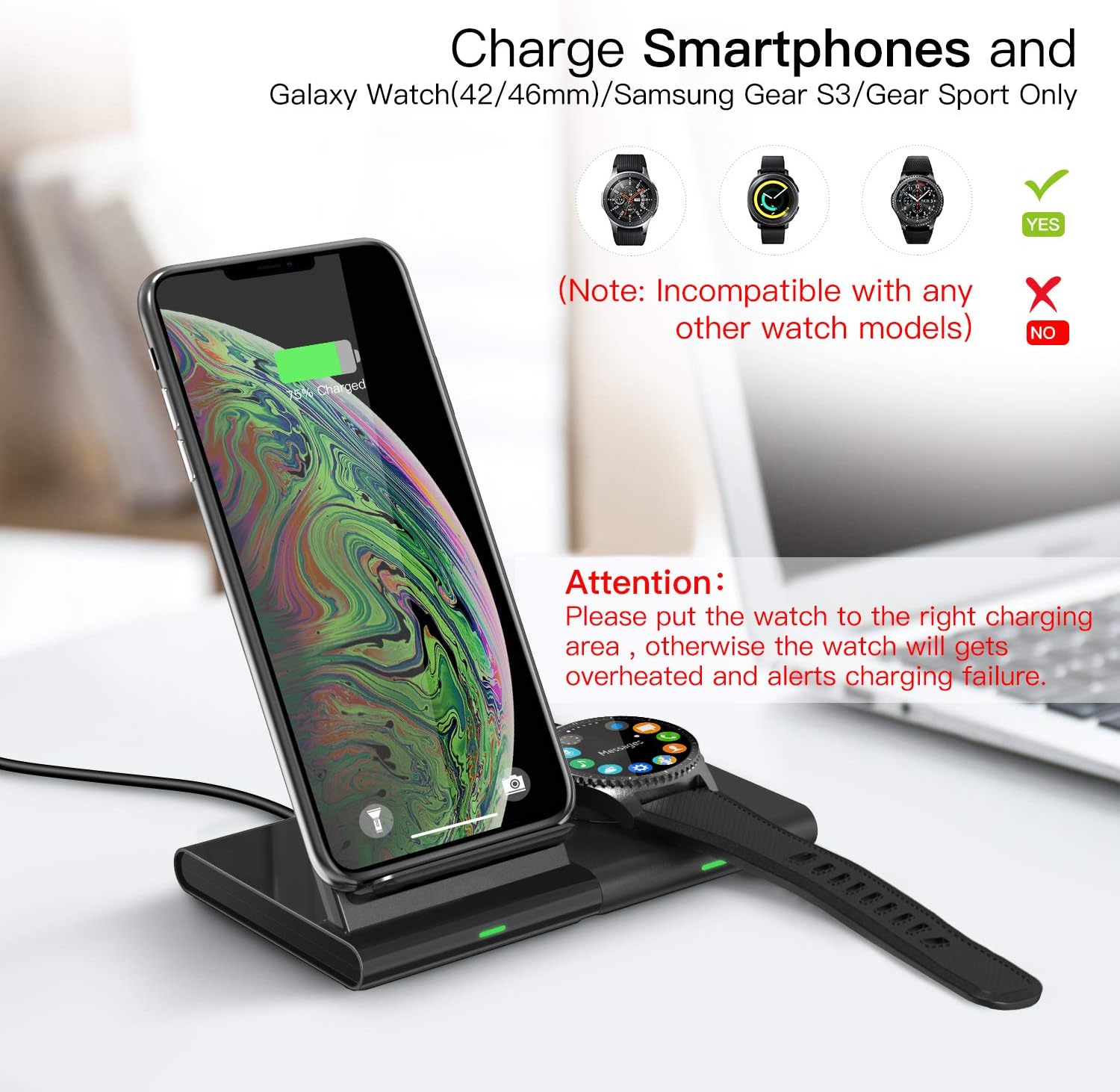 MoKo Wireless Charger Stand, Qi 10W Fast Charging Pad & Dock Compatible with S20/S10/Note 20/Galaxy Watch 3 41mm/45mm/42mm/46mm/Active 2/1/Gear S3/Buds, iPhone 12/11/Airpods Pro/2(with QC3.0 Adapter)