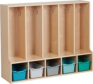 ECR4Kids 5-Section Toddler Locker with Bench & Bins, Natural, Contemporary