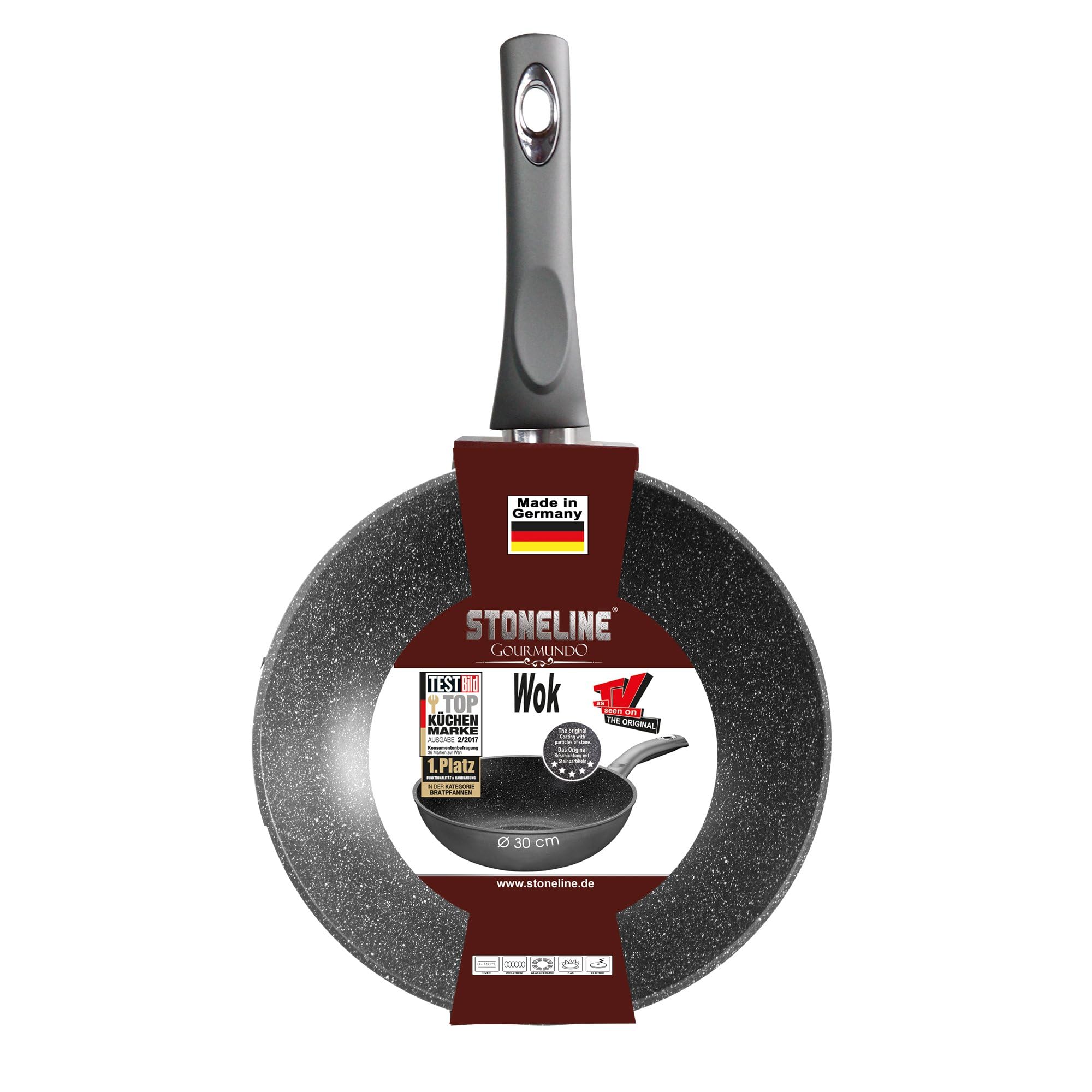 STONELINE Gourmundo Made in Germany Wok 30 cm, auch für öl- und fettfreies Braten, Wok Pfanne beschichtet mit echten Steinpartikeln, Wok Induktion und backofengeeignet